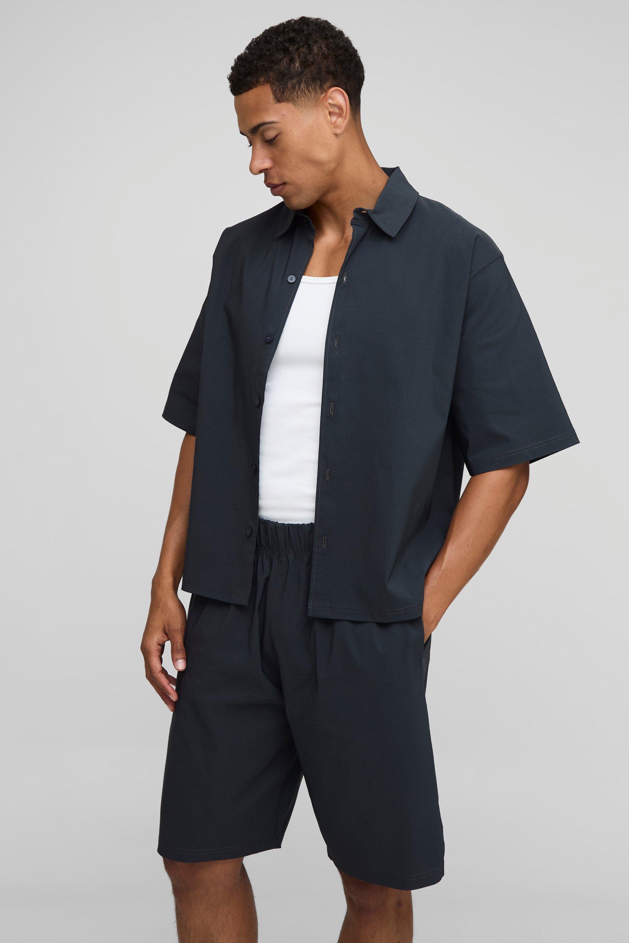 Mens Grey Oversized Half Sleeve Tech Stretch Shirt & Bermuda Short Set, Grey