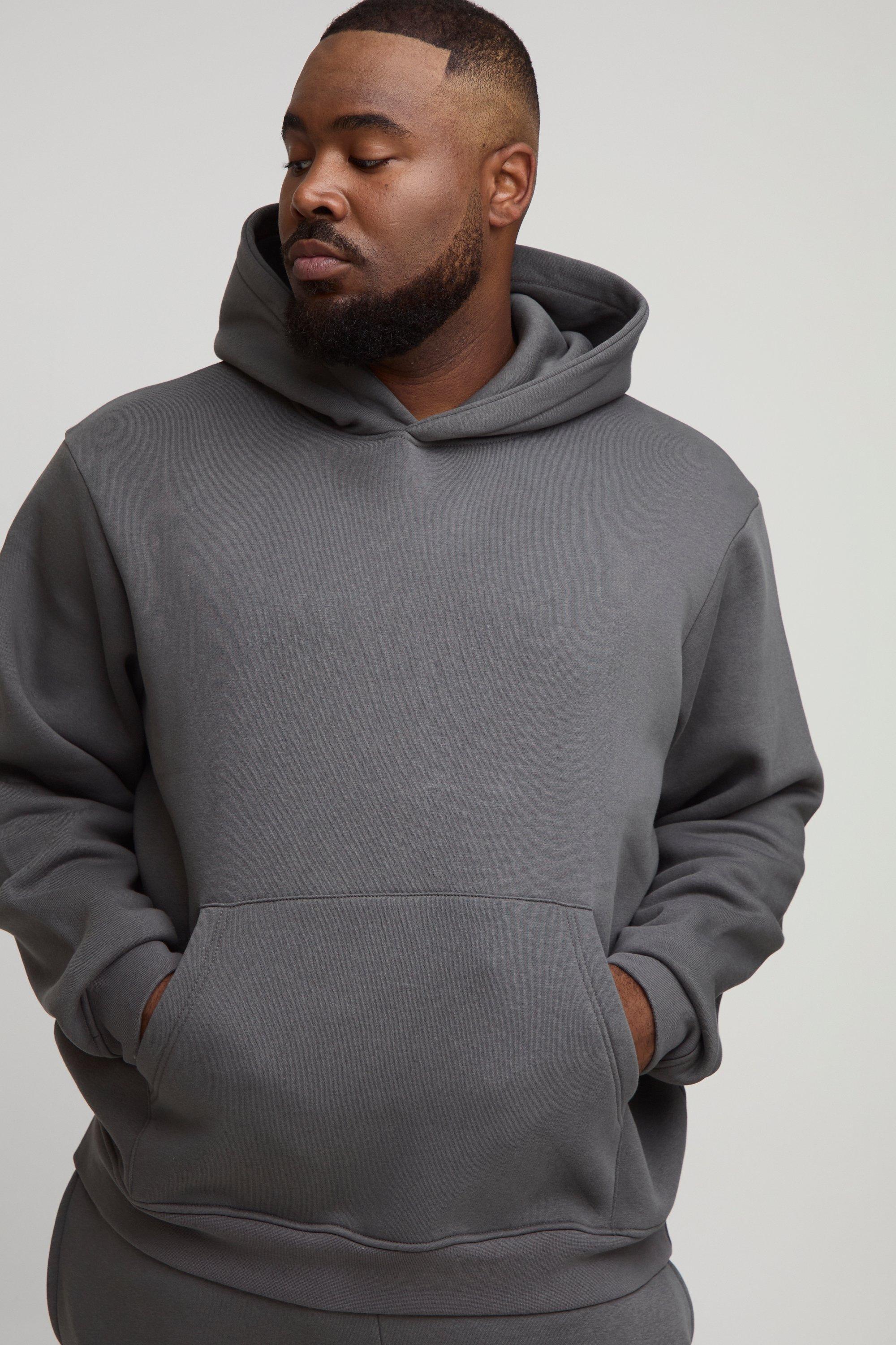 Mens Grey Plus Basic Regular Fit Over the Head Hoodie, Grey