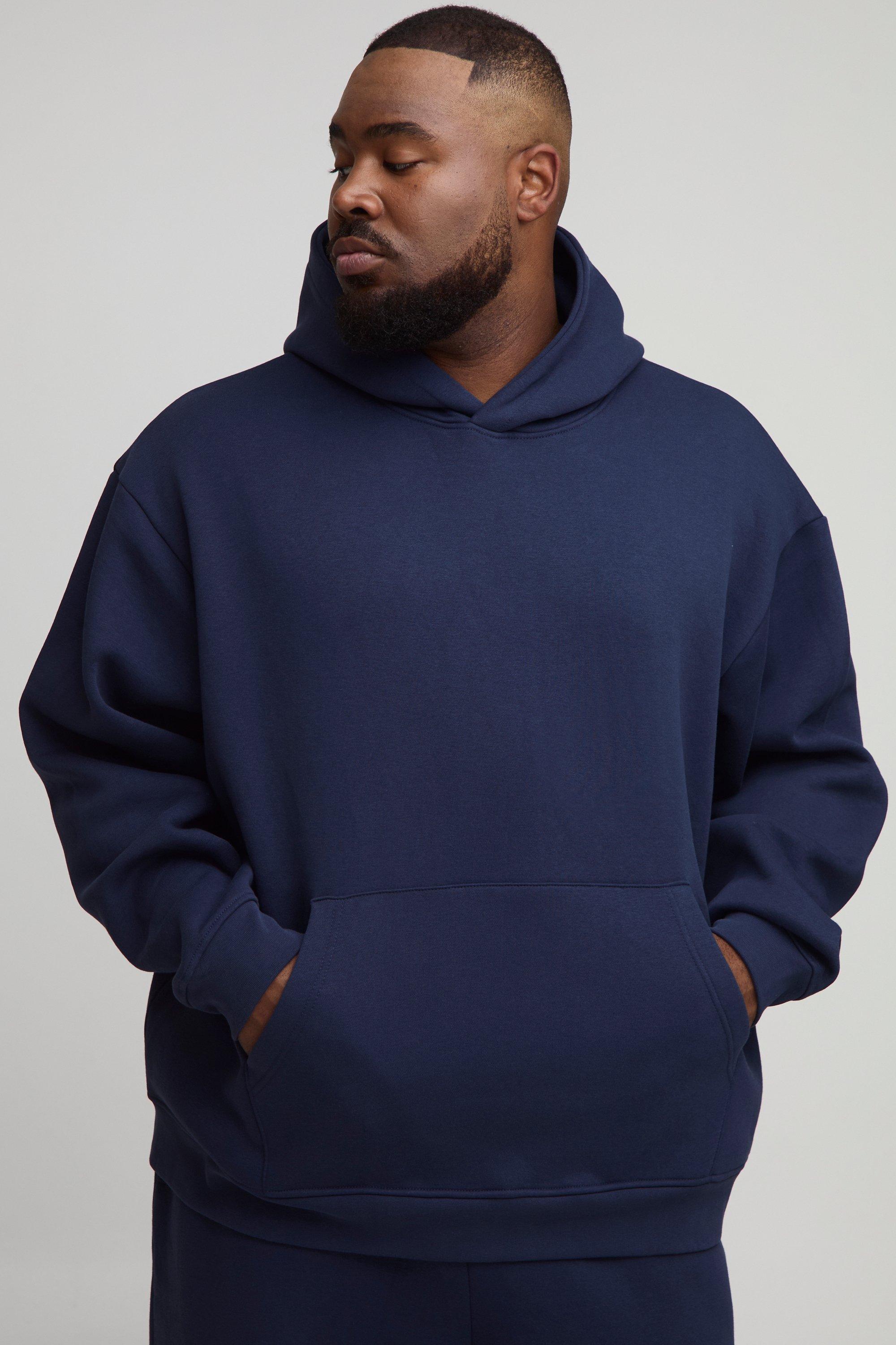 Mens Navy Plus Basic Oversized Over the Head Hoodie, Navy
