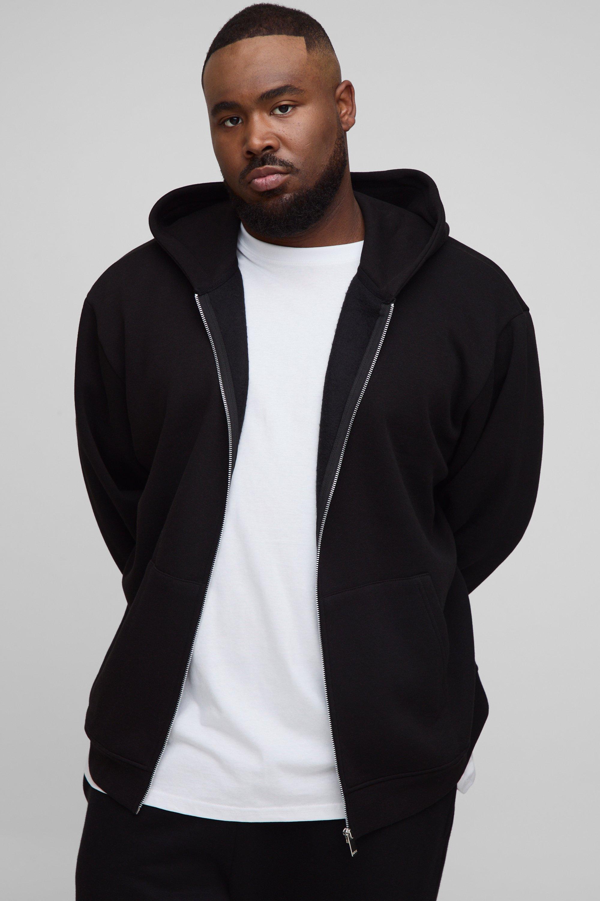 Mens Black Plus Basic Oversized Zip Through Hoodie, Black