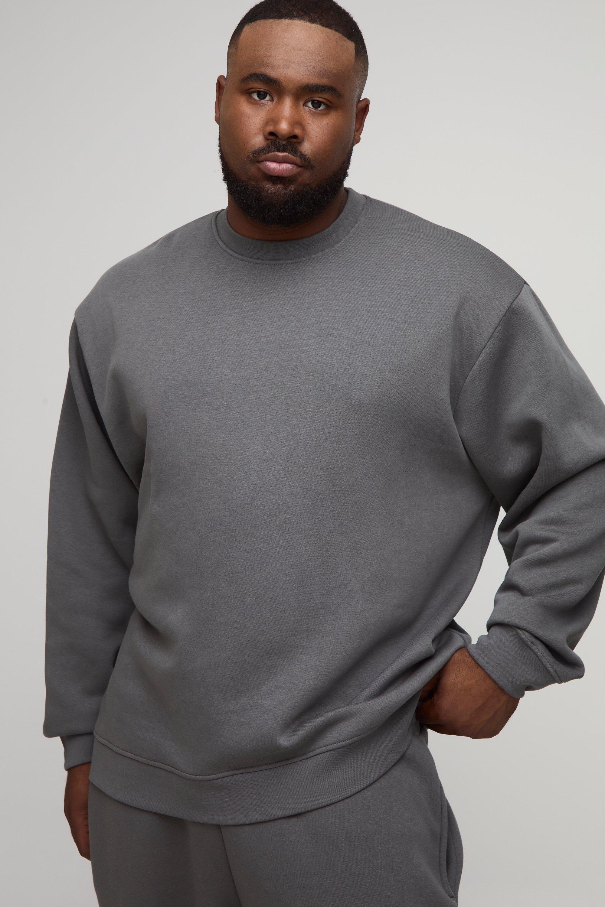 Mens Grey Plus Basic Oversized Crew Neck Sweatshirt, Grey