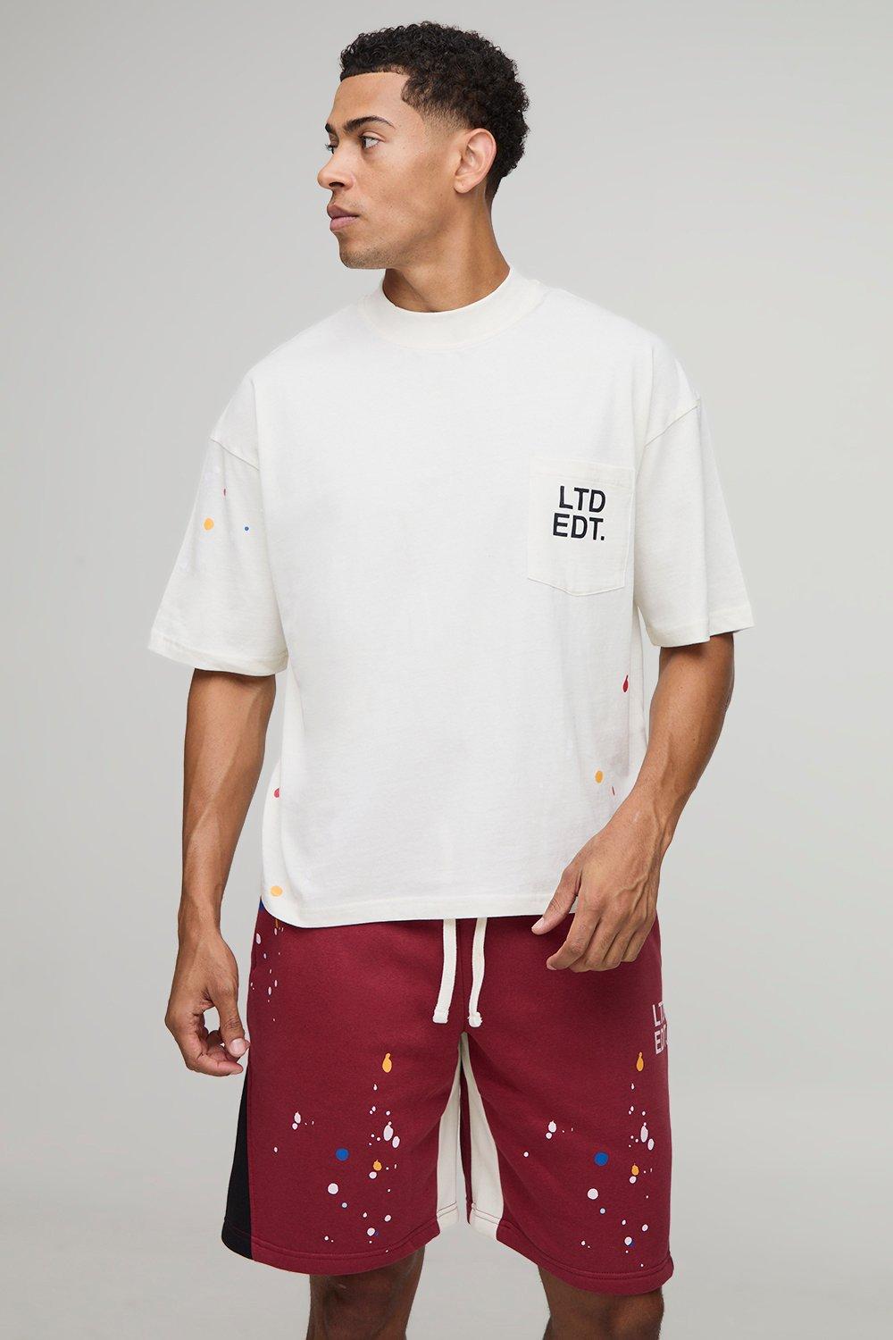 Mens Cream Oversized Boxy Ltd Etd Paint Splatter T-Shirt & Short Set, Cream