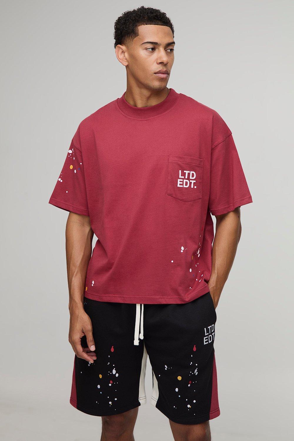Mens Red Oversized Boxy Ltd Etd Paint Splatter T-Shirt & Short Set, Red