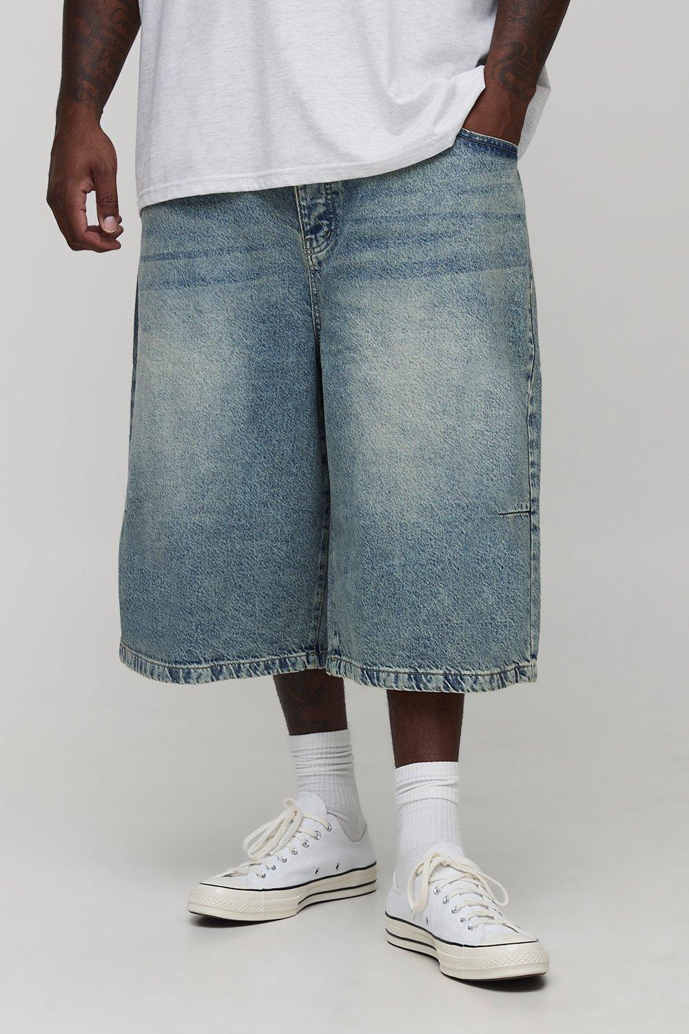 Mens Blue Plus Stonewash Longline Denim Jorts, Blue