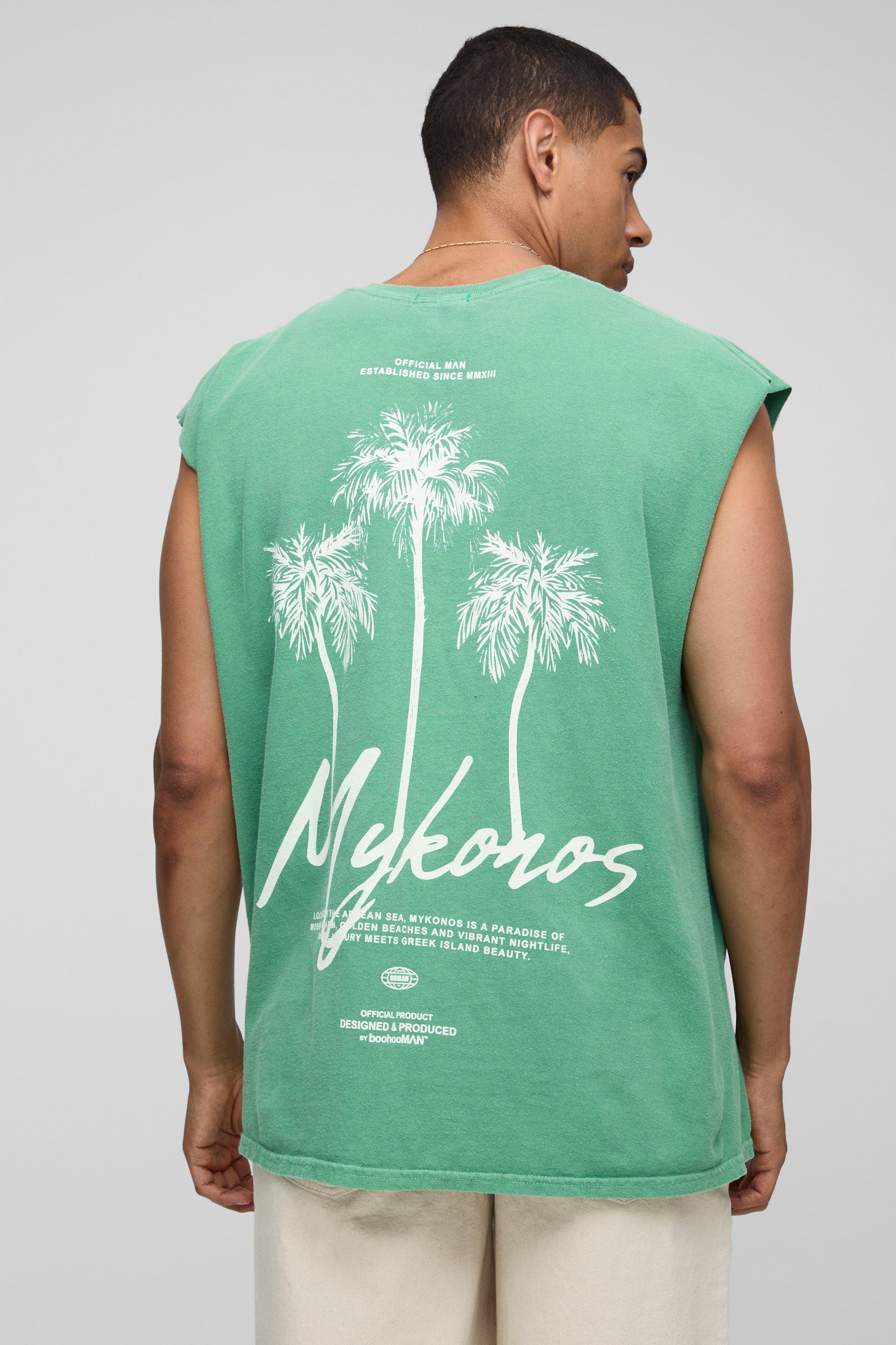 Green Oversized Washed Mykonos Palm Printed Tank