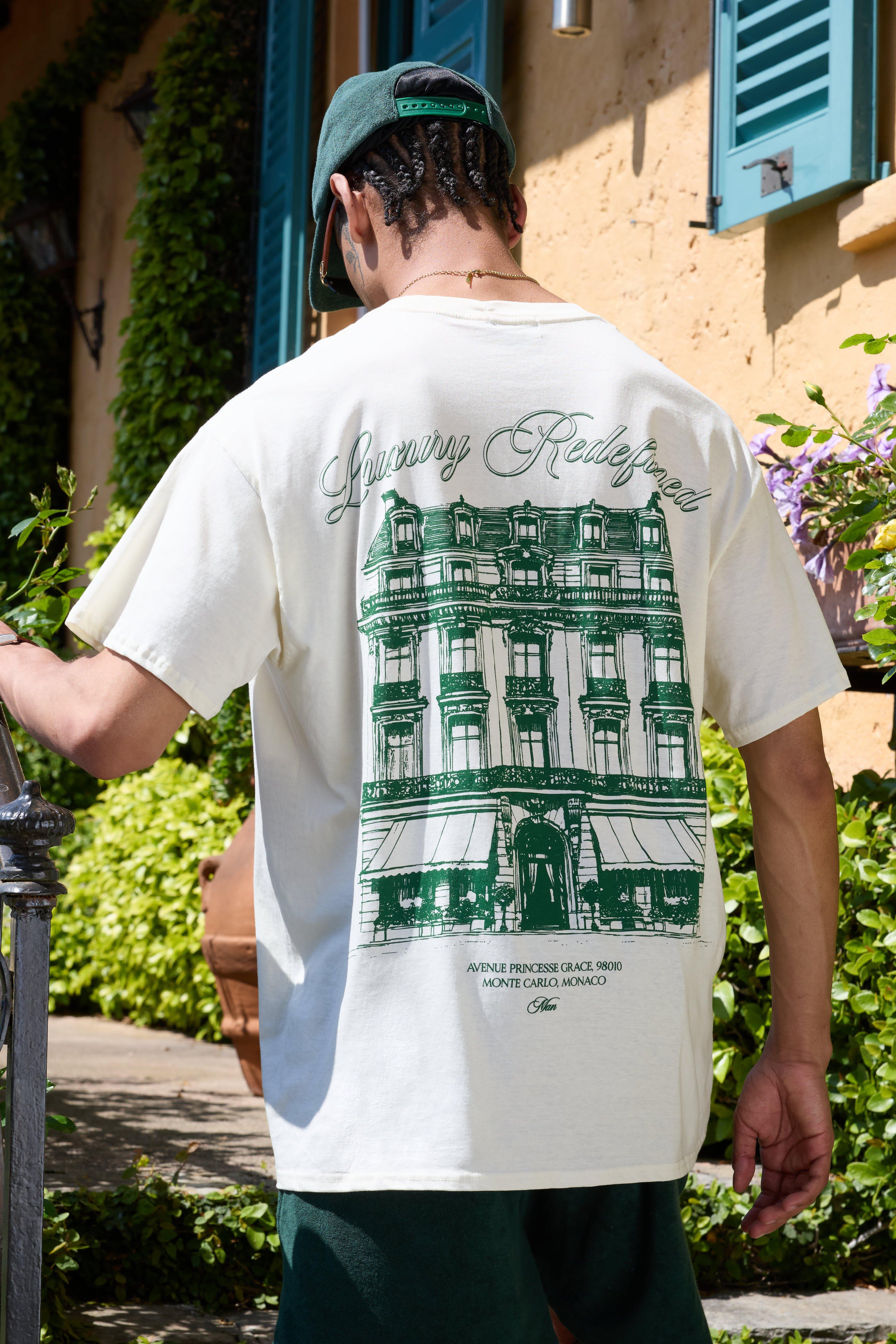 Image of T-shirt oversize Man Monaco Hotel color ecru con girocollo esteso, Cream