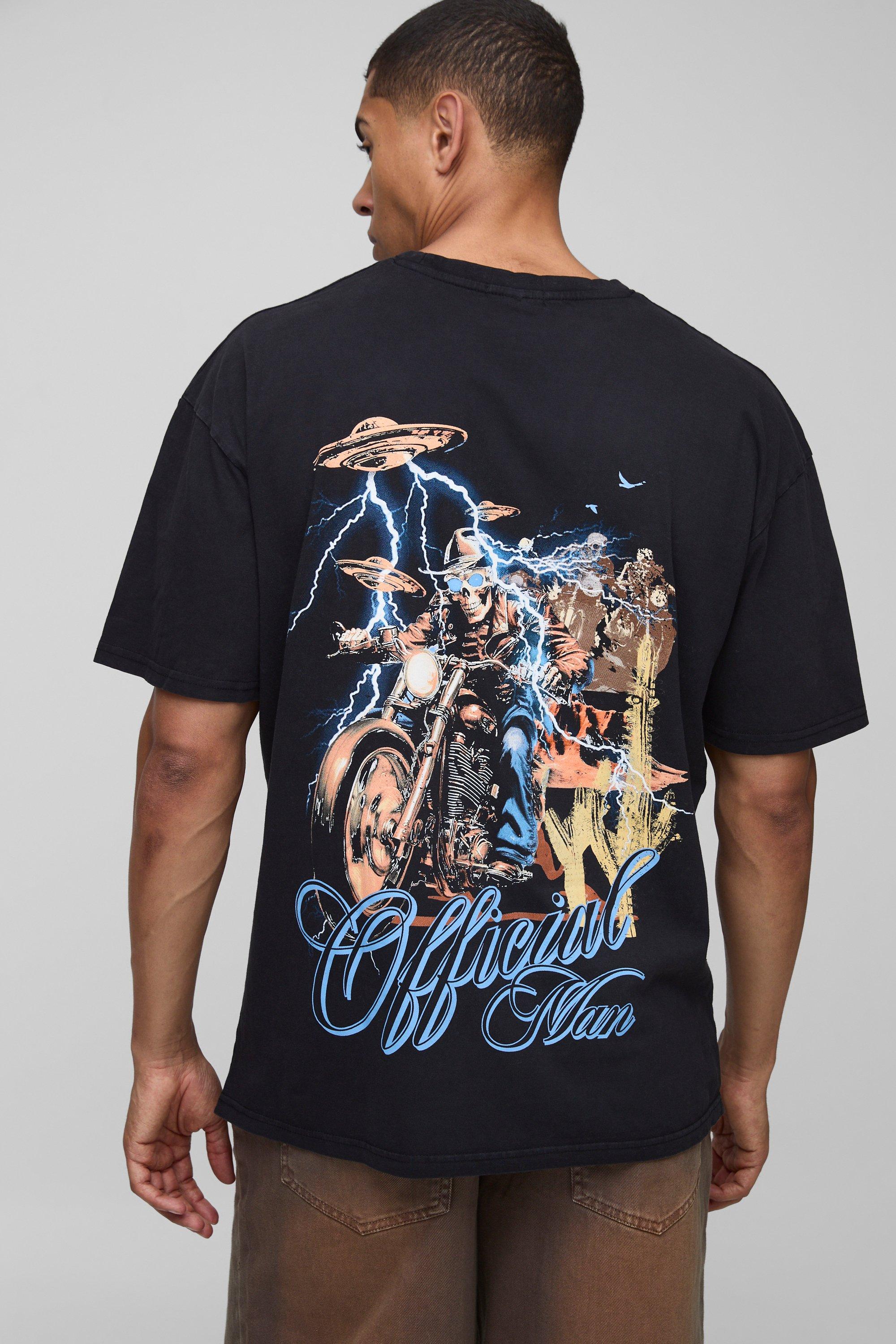 Mens Black Oversized Washed Western Graphic T-Shirt, Black