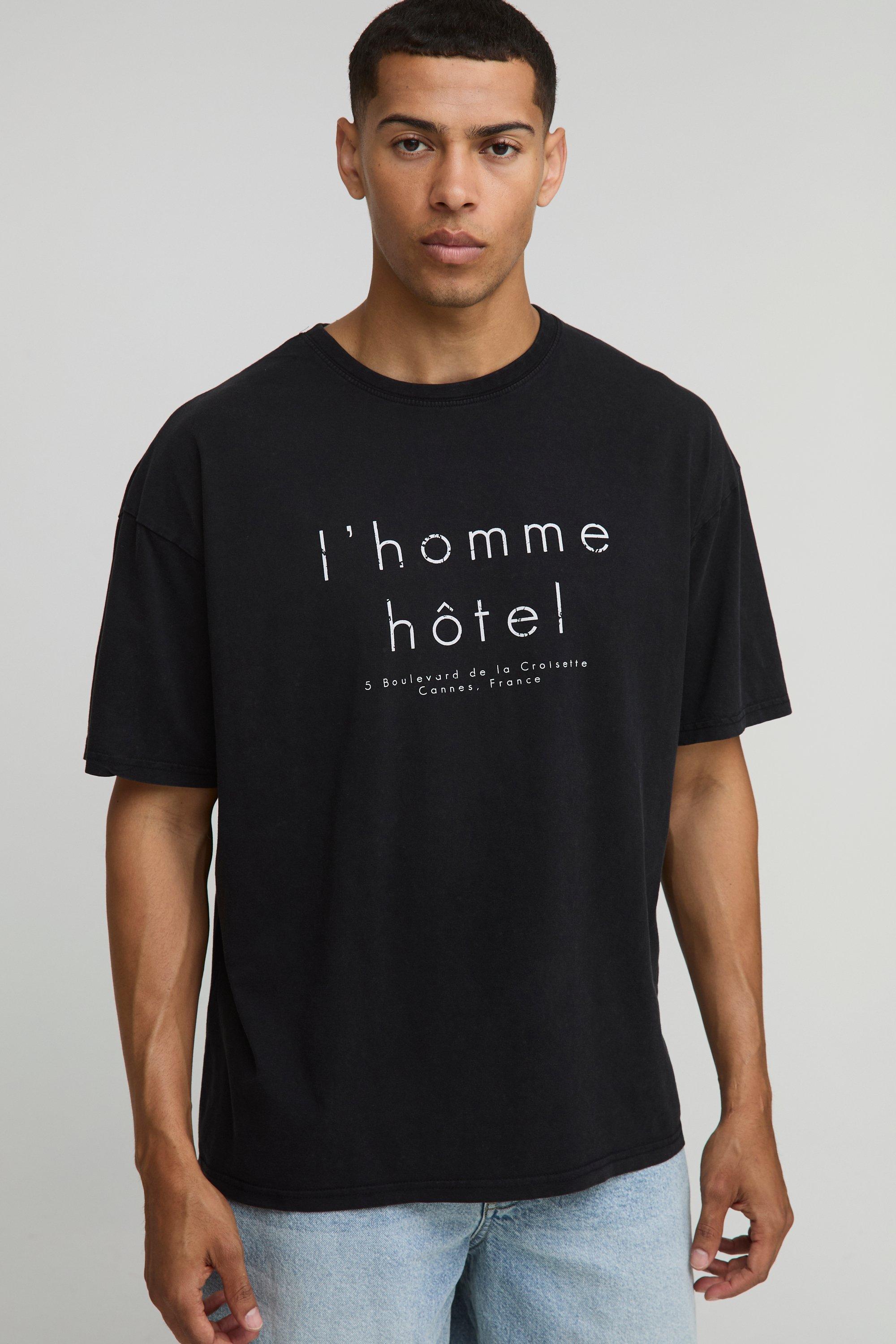 Mens Black Oversized L'Homme Hotel Washed Printed T-Shirt, Black
