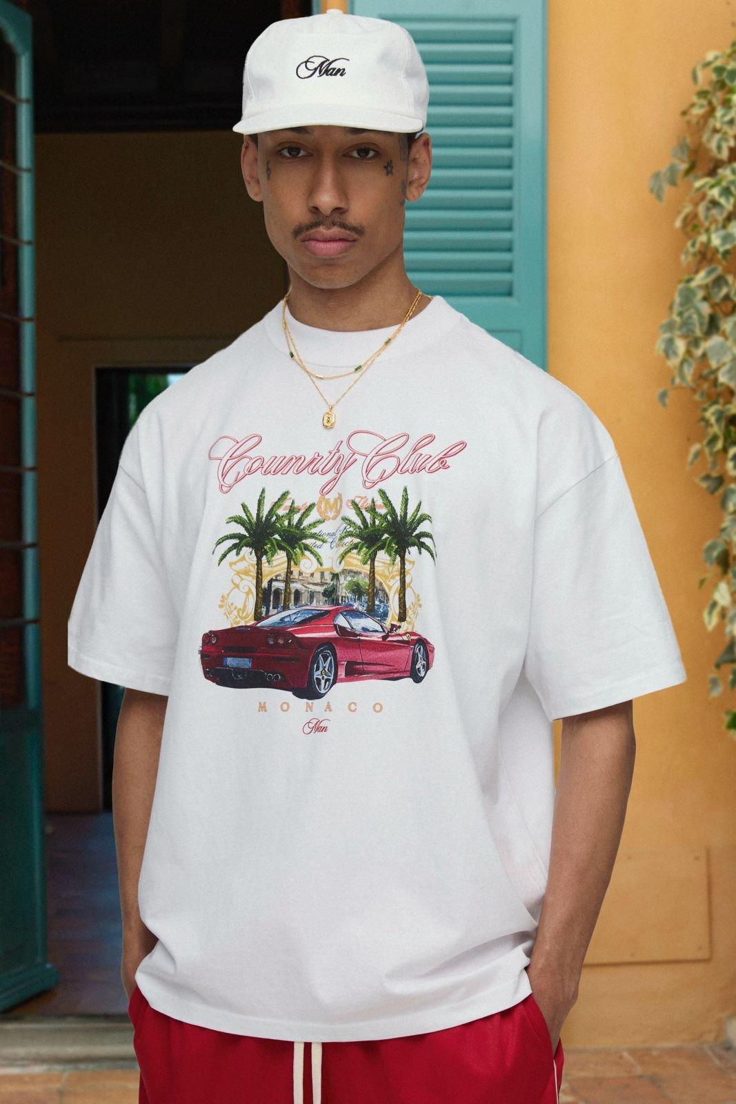 Image of T-shirt bianca oversize Monaco Country Club con girocollo esteso, Bianco