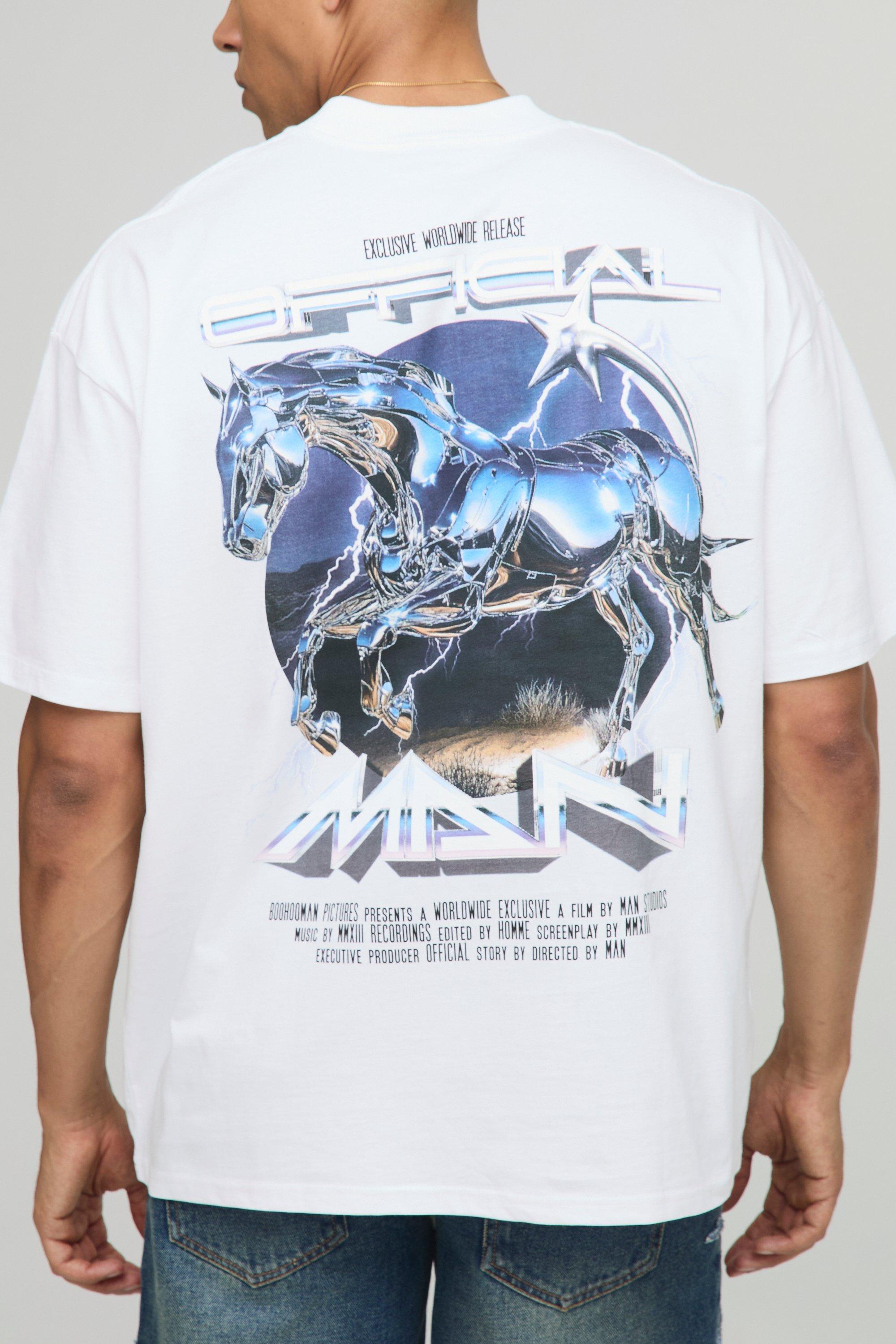 Mens White Oversized Extended Neck MAN Horse Printed T-Shirt, White
