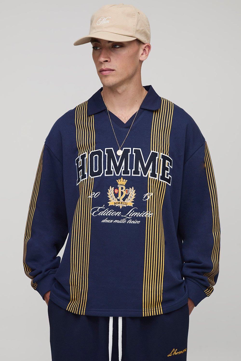 Image of Oversized Homme Applique Stripe Rugby Polo, Navy