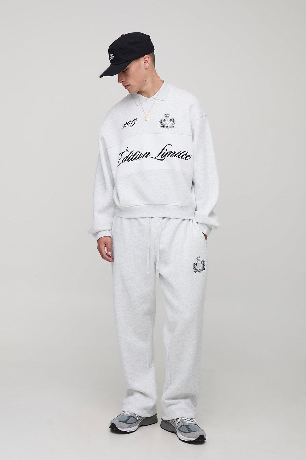 Mens Grey Oversized Boxy Edition Collared Sweatshirt Tracksuit, Grey