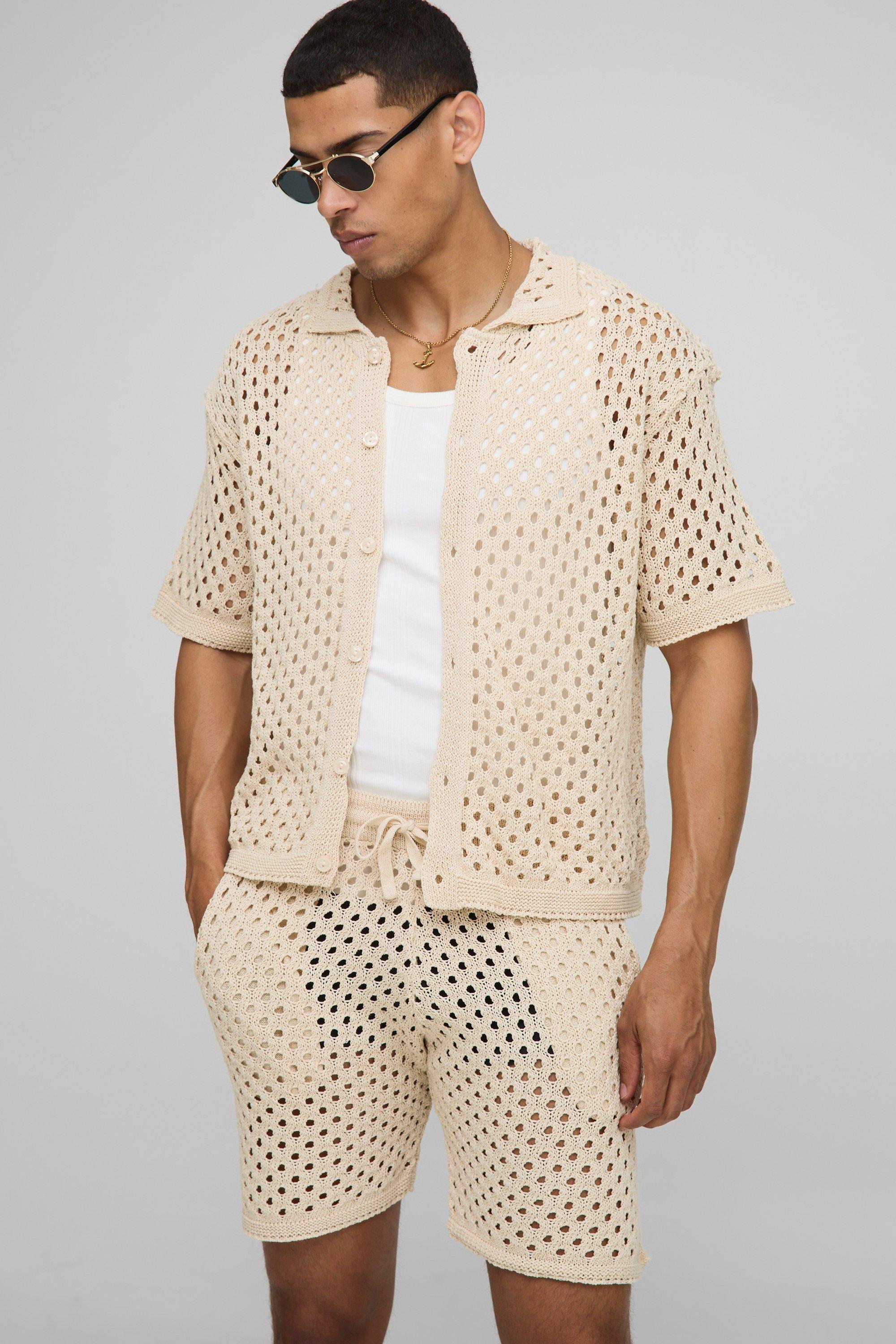 Image of Set camicia squadrata oversize traforata & pantaloncini, Beige