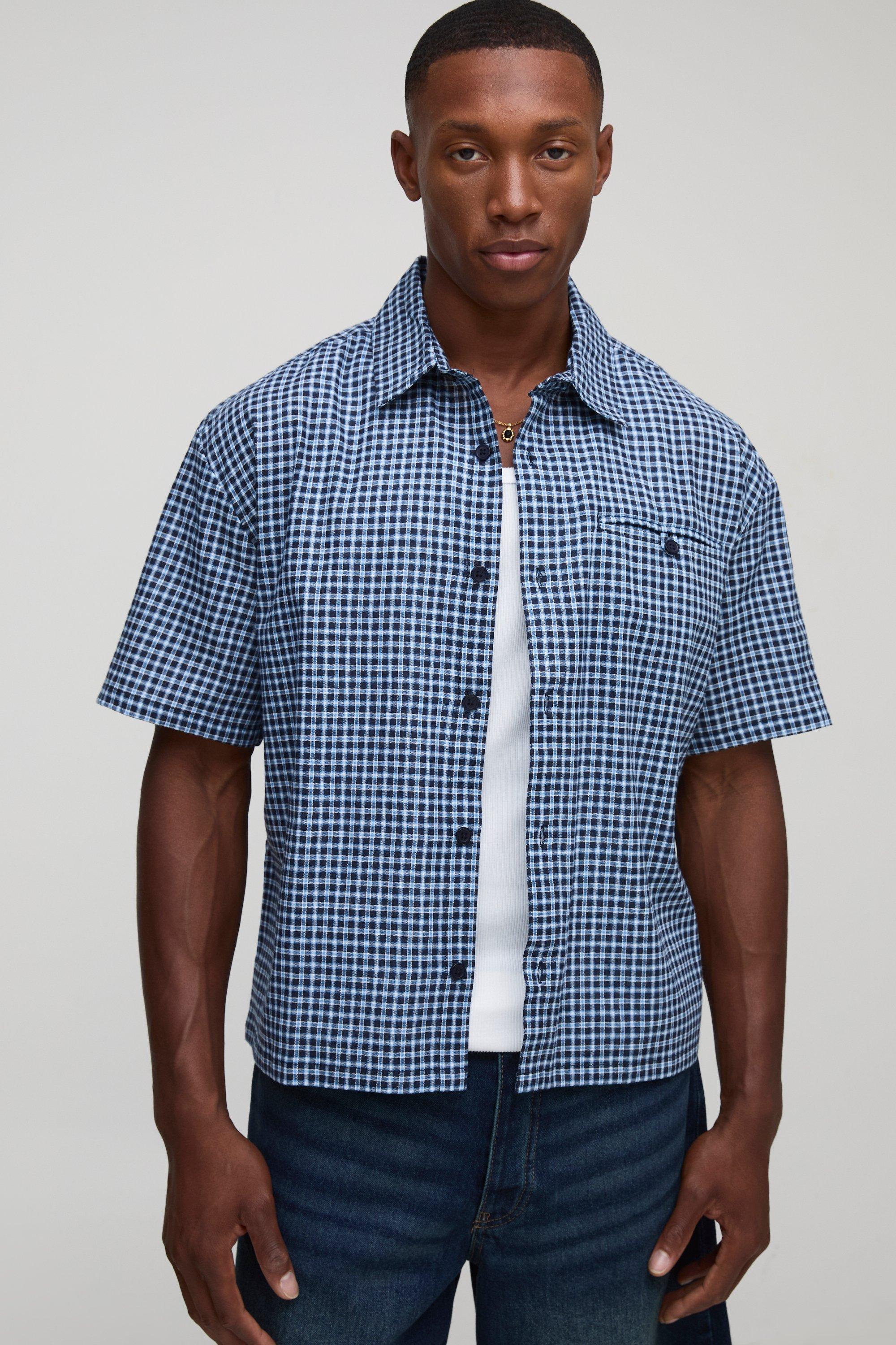 Image of Oversized Boxy Short Sleeve Micro Check Shirt, Azzurro