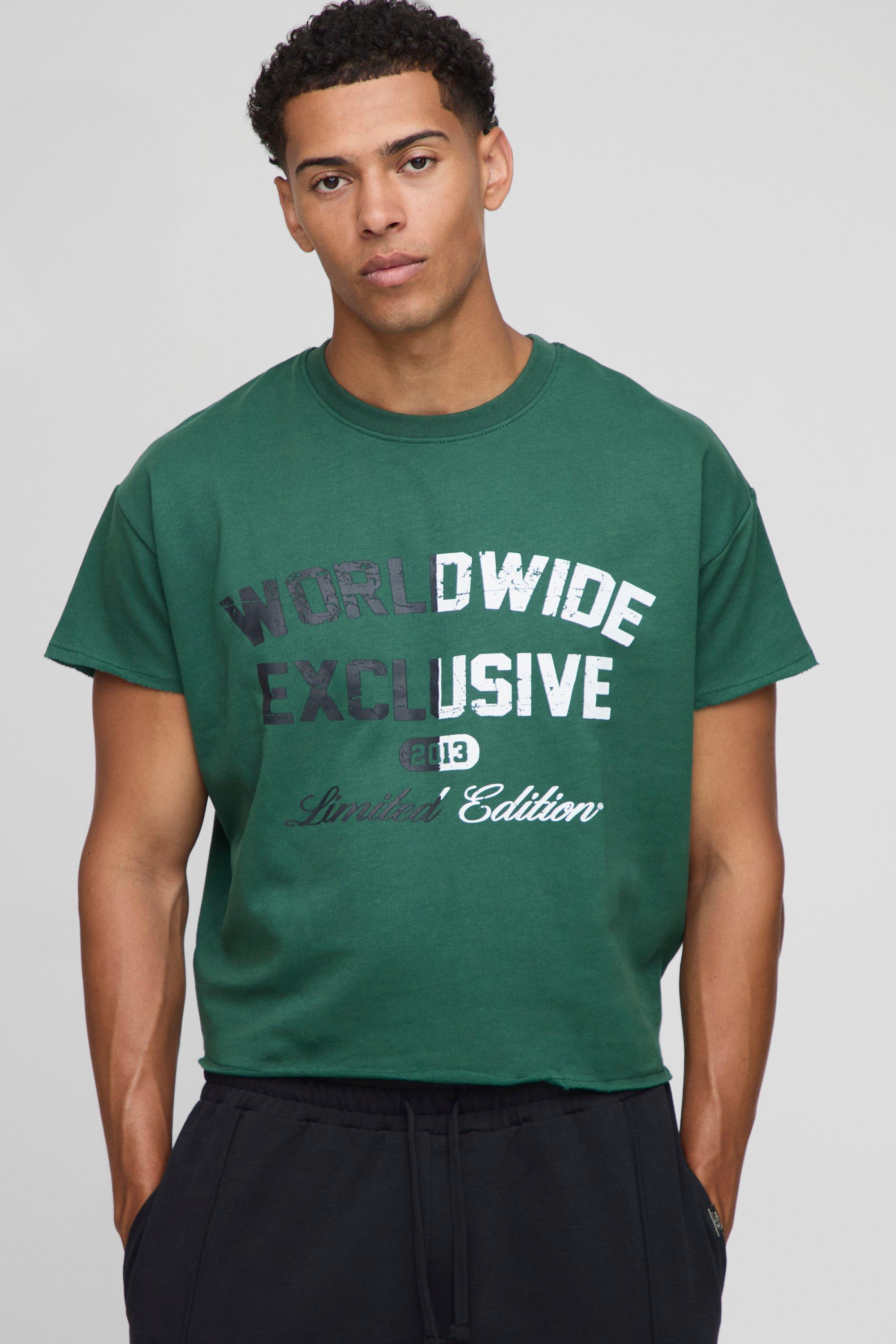Mens Green Forest Oversized Cropped Loopback Worldwide Raw Edge T-Shirt, Green
