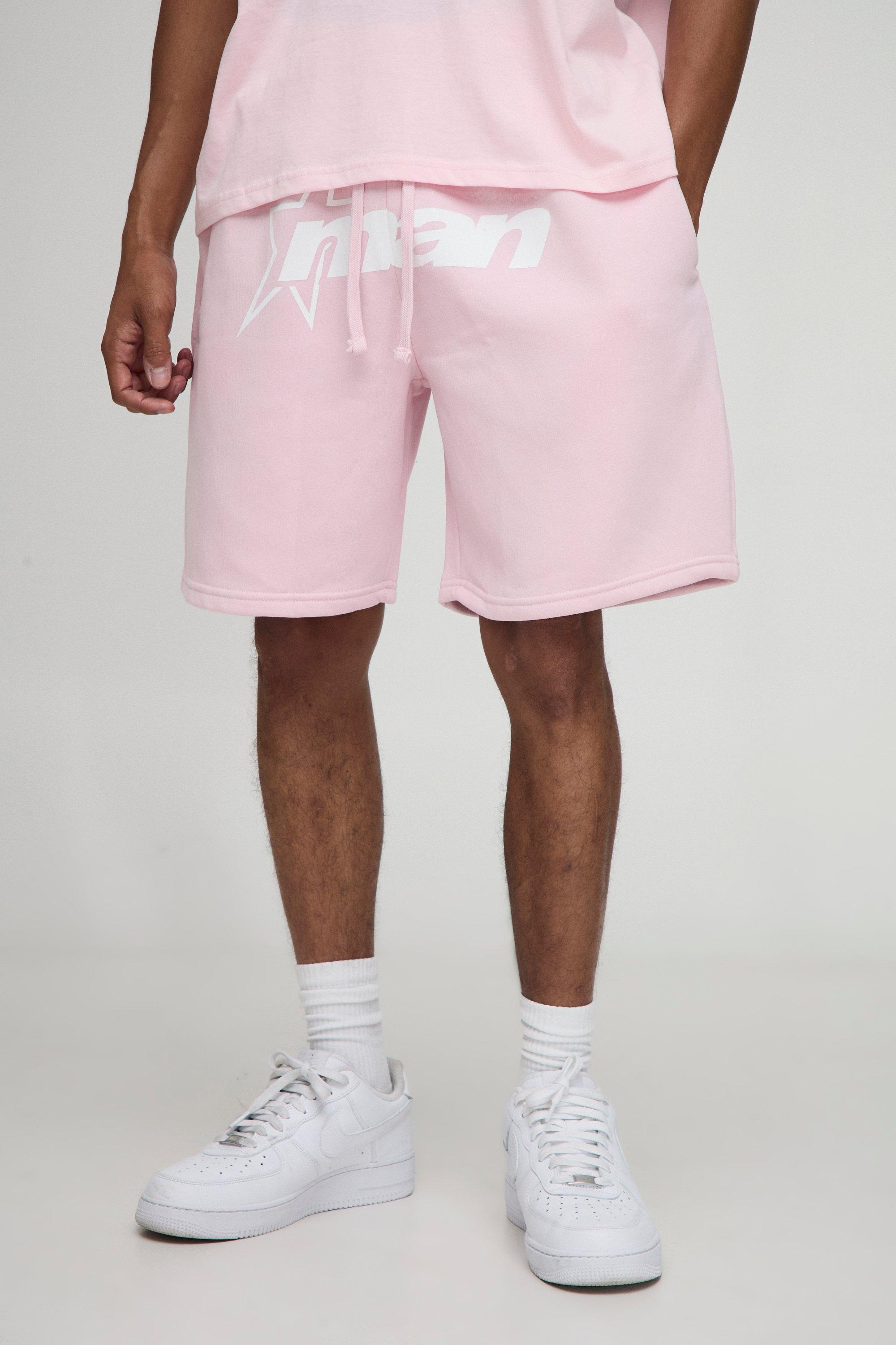 Mens Pink Relaxed Mid Length M Star Jersey Shorts, Pink