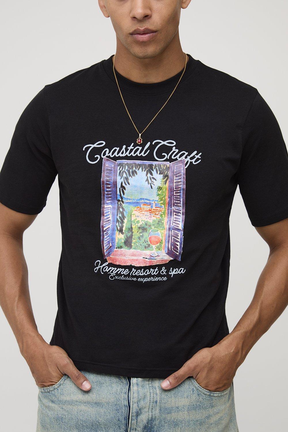 Image of Black Boxy Landscape Printed T-Shirt, Nero