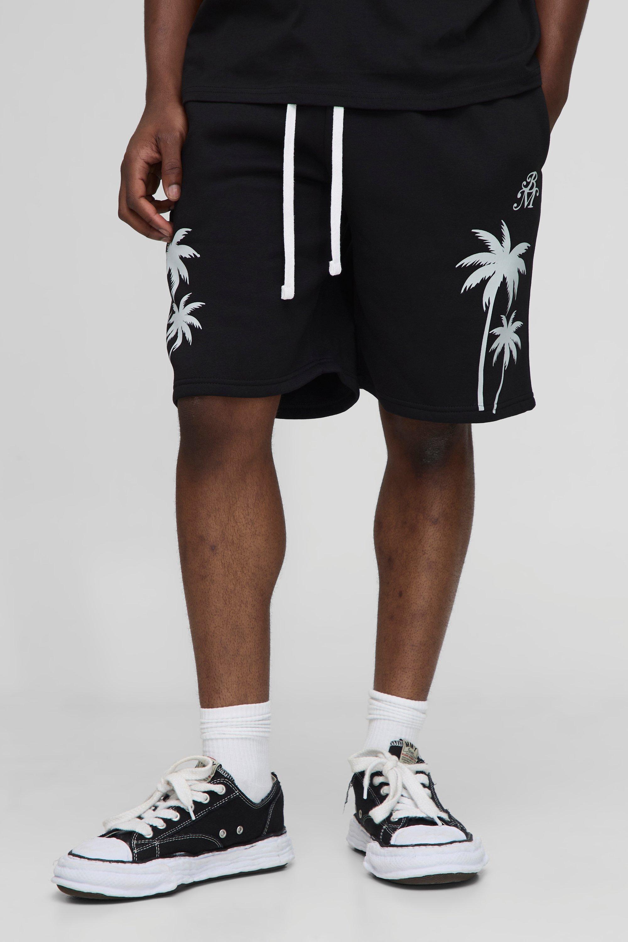 Mens Black Oversized Mid Length Palm Shorts, Black