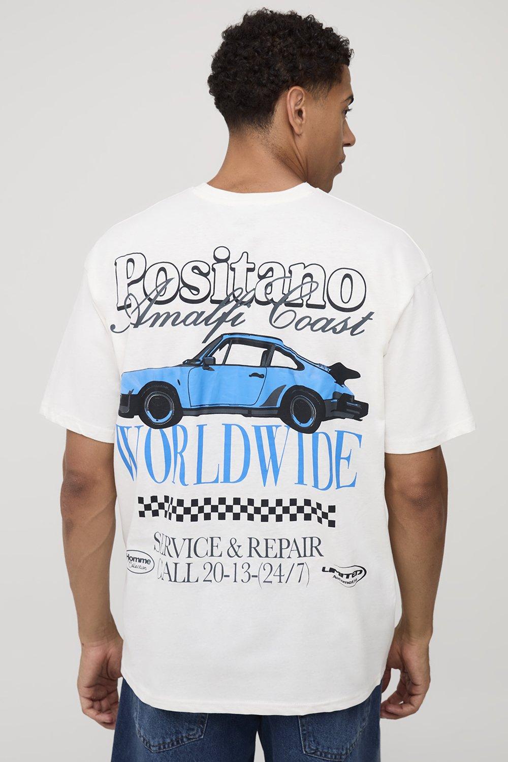 Mens Cream Ecru Oversized Car Puff Print T-Shirt, Cream
