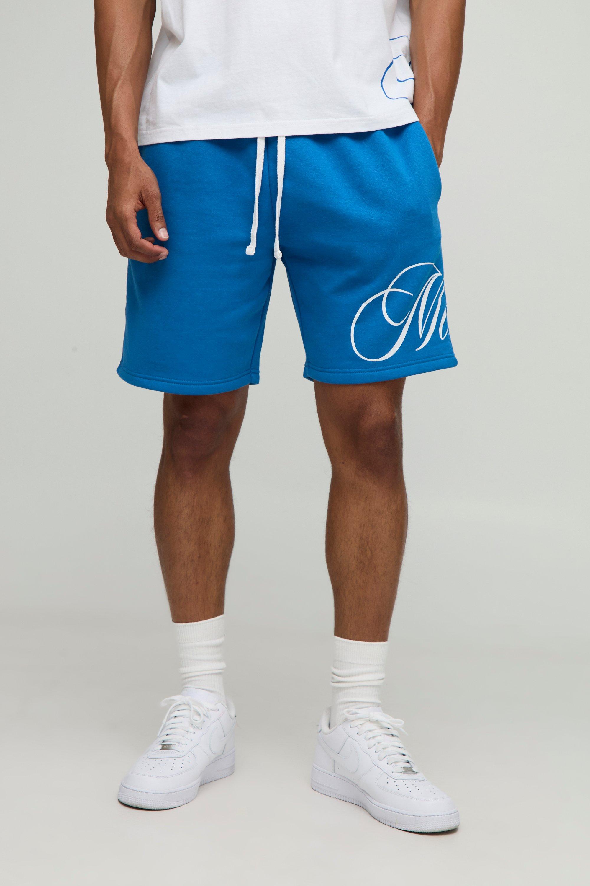 Blue Relaxed Mid Length M Script Shorts