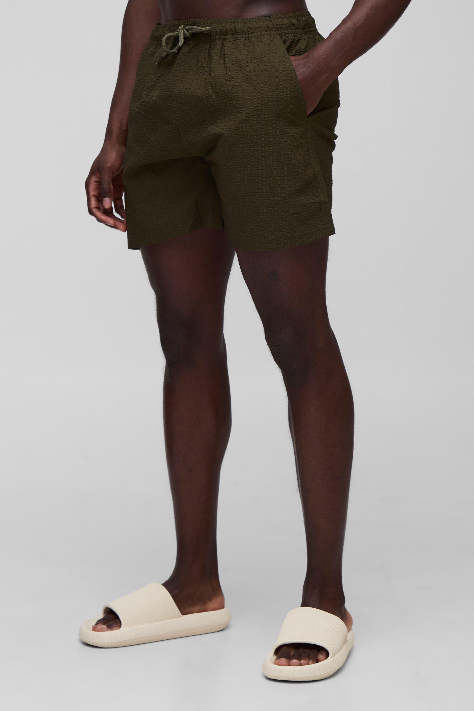 Mens Green Mid Length Seersucker Swim Short, Green