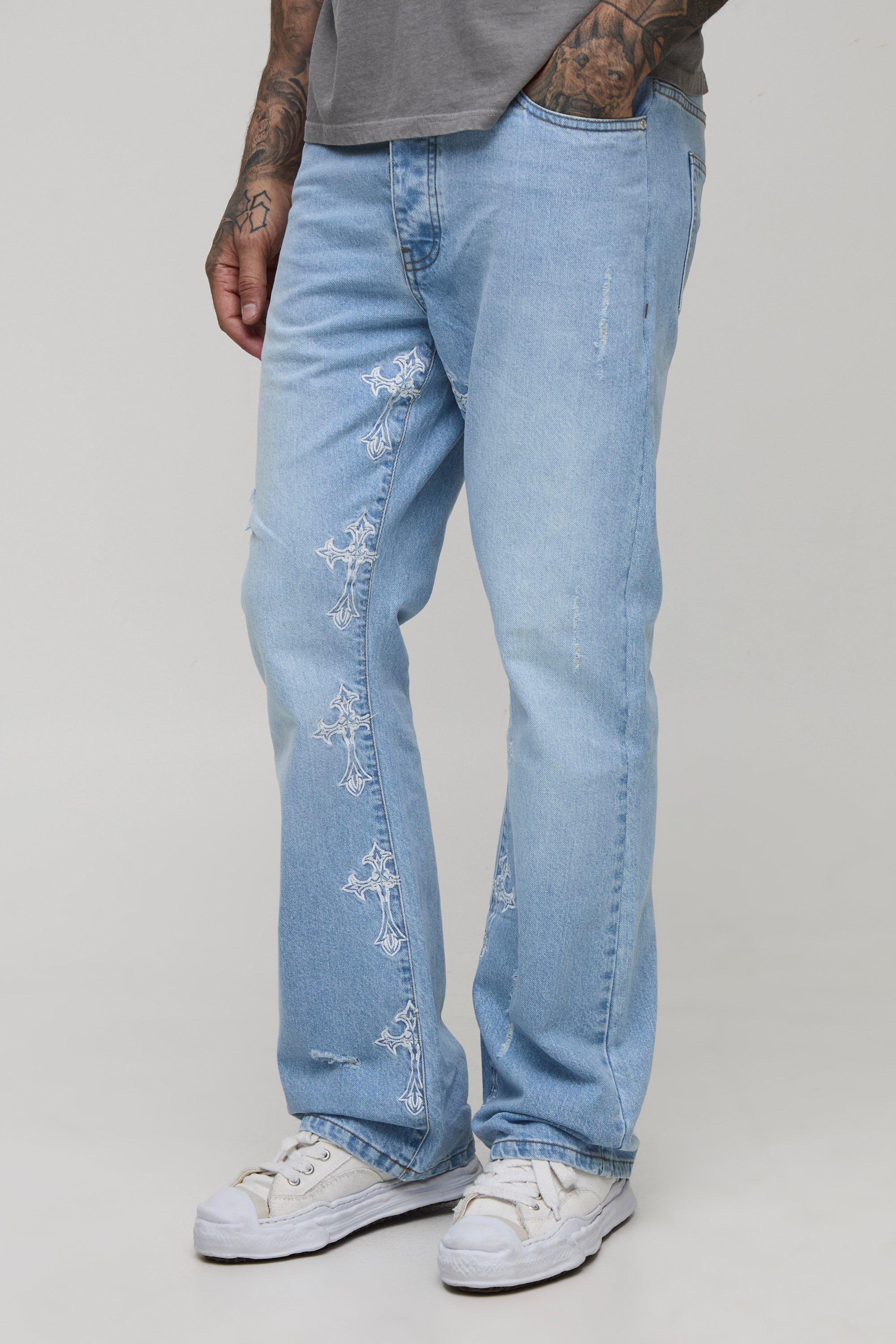 Image of Tall Slim Flared Distressed Cross Gusset Embroidered Jeans, Azzurro