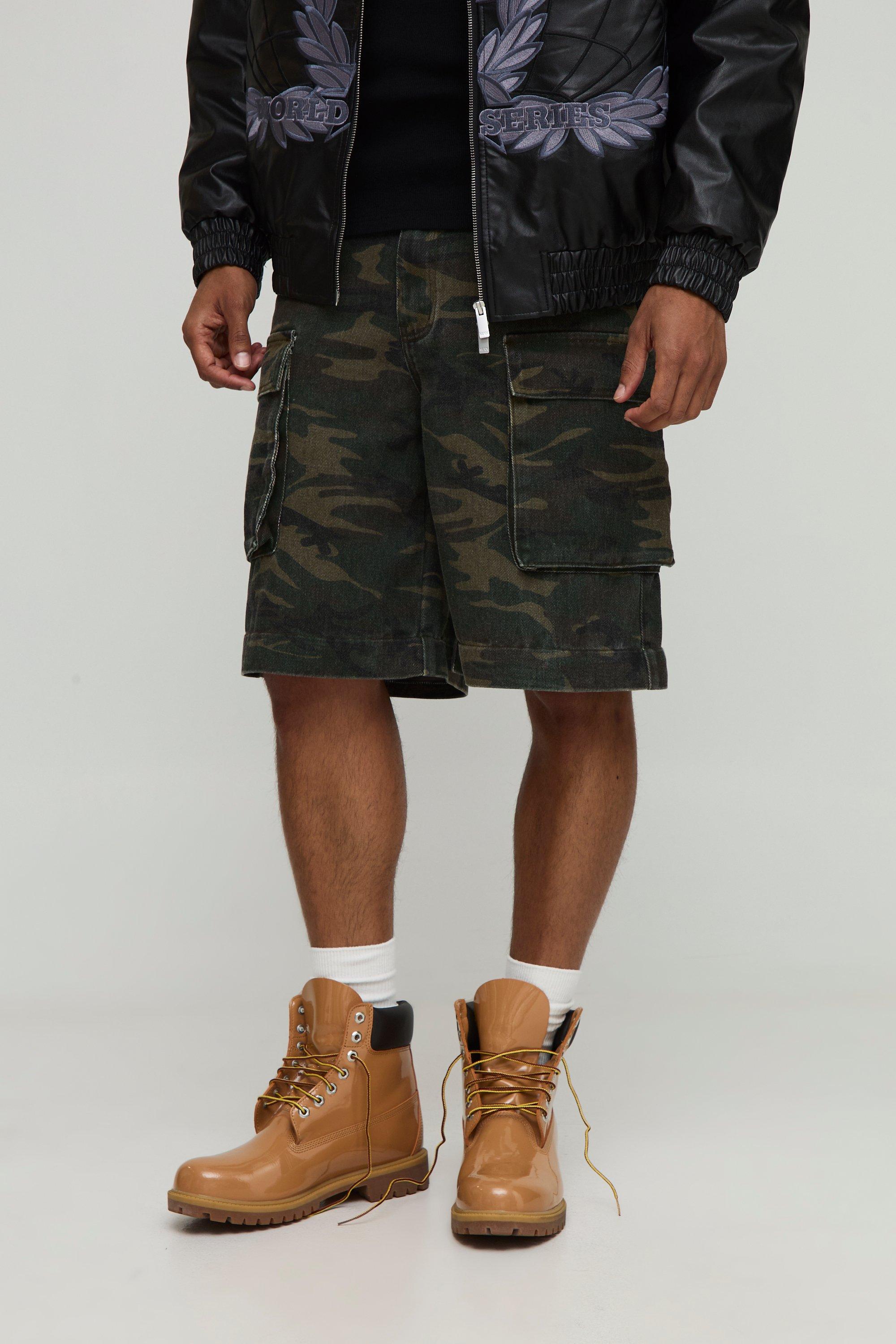 Mens Green Sfera Camo Print Zip Off Baggy Cargo Trousers, Green