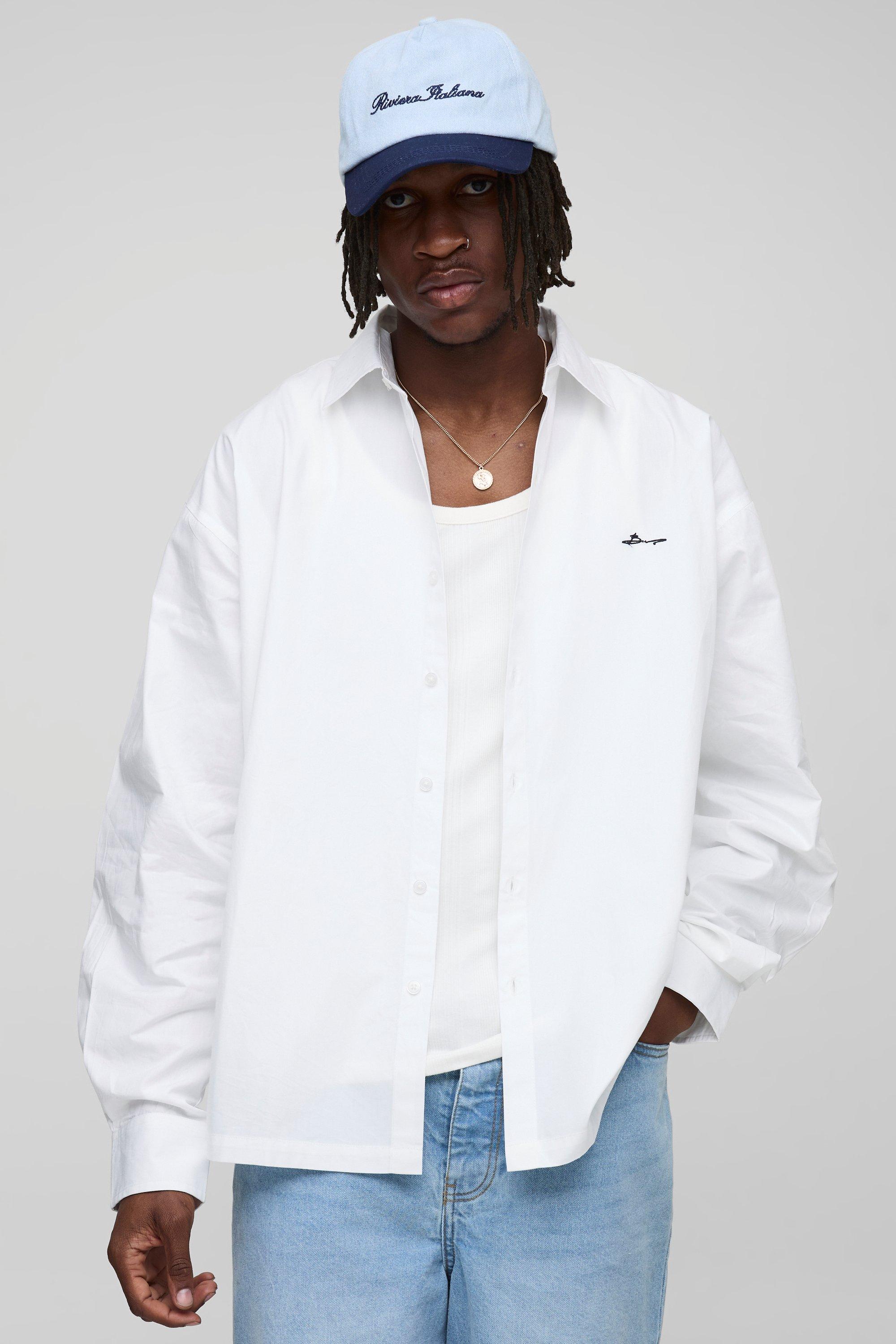 Mens White Tall Oversized Long Sleeve Embroidered Poplin Shirt, White