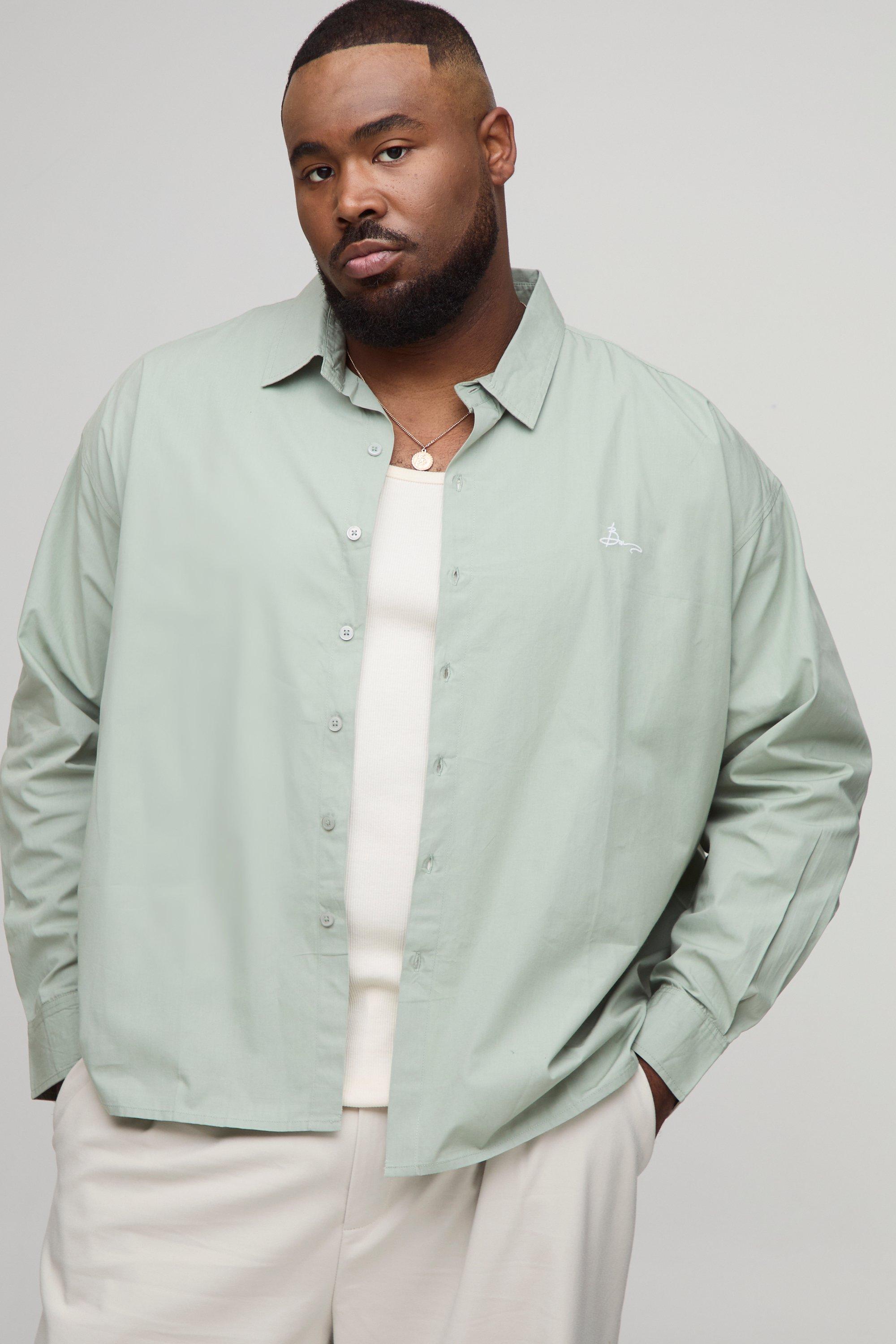 Mens Green Plus Oversized Long Sleeve Embroidered Poplin Shirt, Green