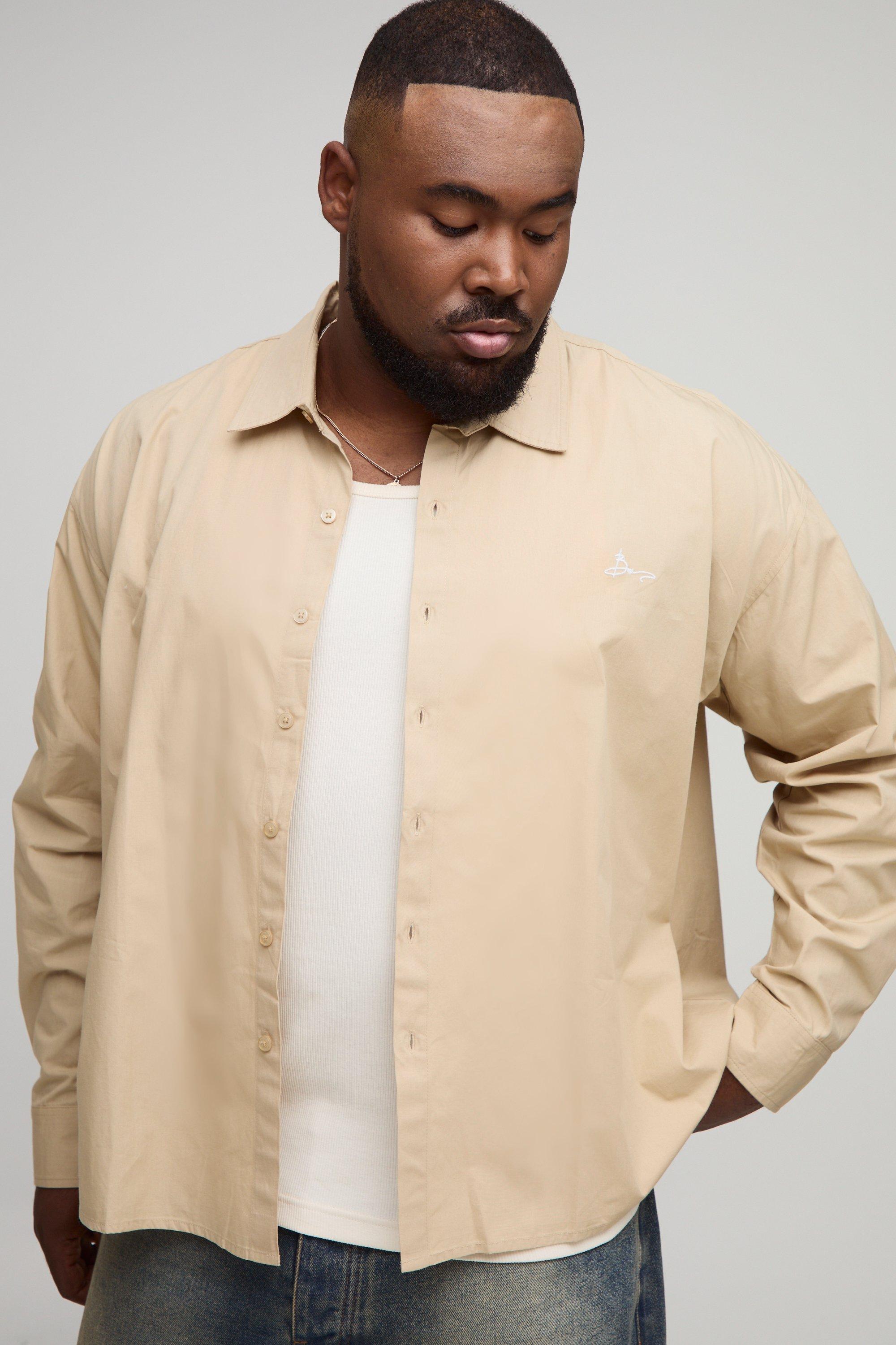 Mens Beige Plus Oversized Long Sleeve Embroidered Poplin Shirt, Beige