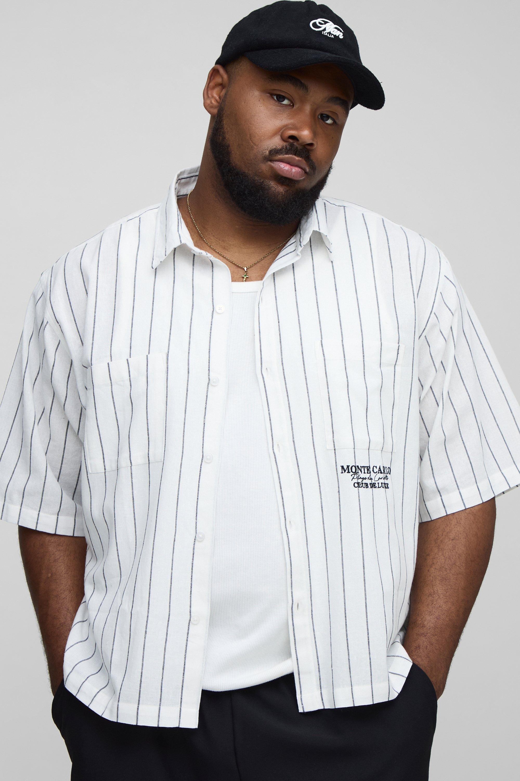 Mens White Plus Oversized Boxy Monte Carlo Embroidered Stripe Shirt, White
