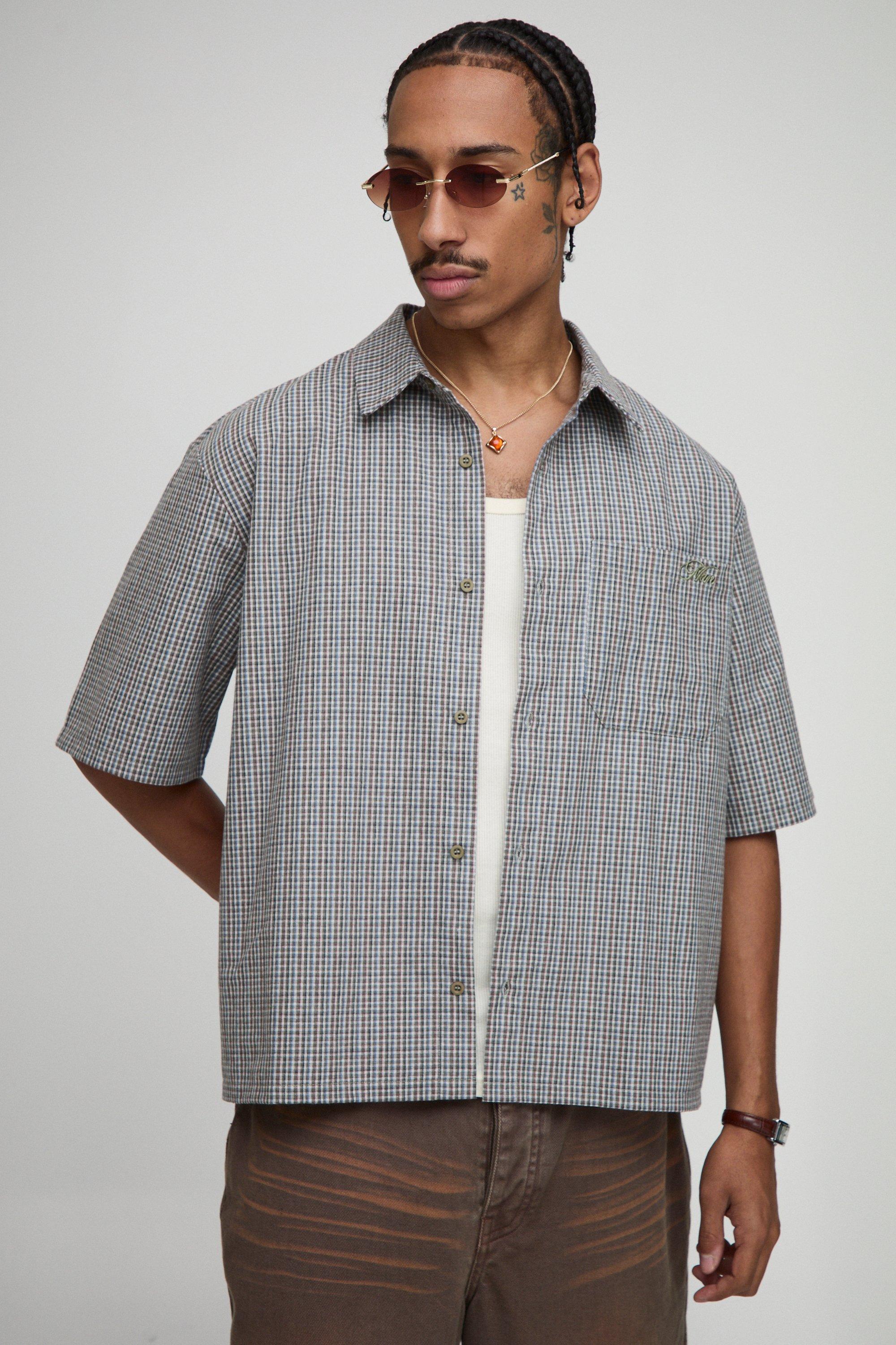 Mens Green Oversized Boxy Man Embroidered Micro Check Shirt, Green