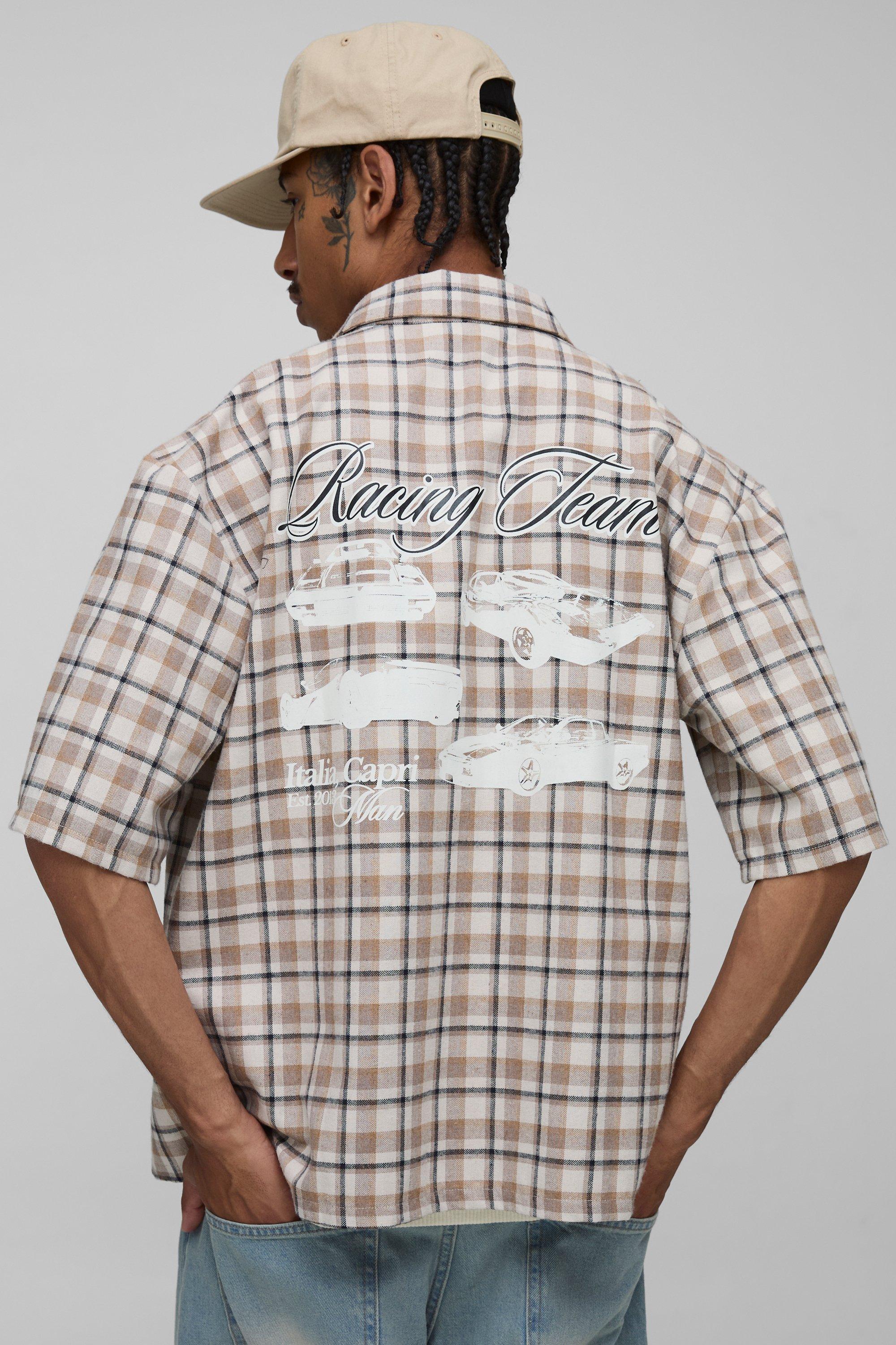 Image of Oversized Boxy Car Print Micro Check Shirt, Beige