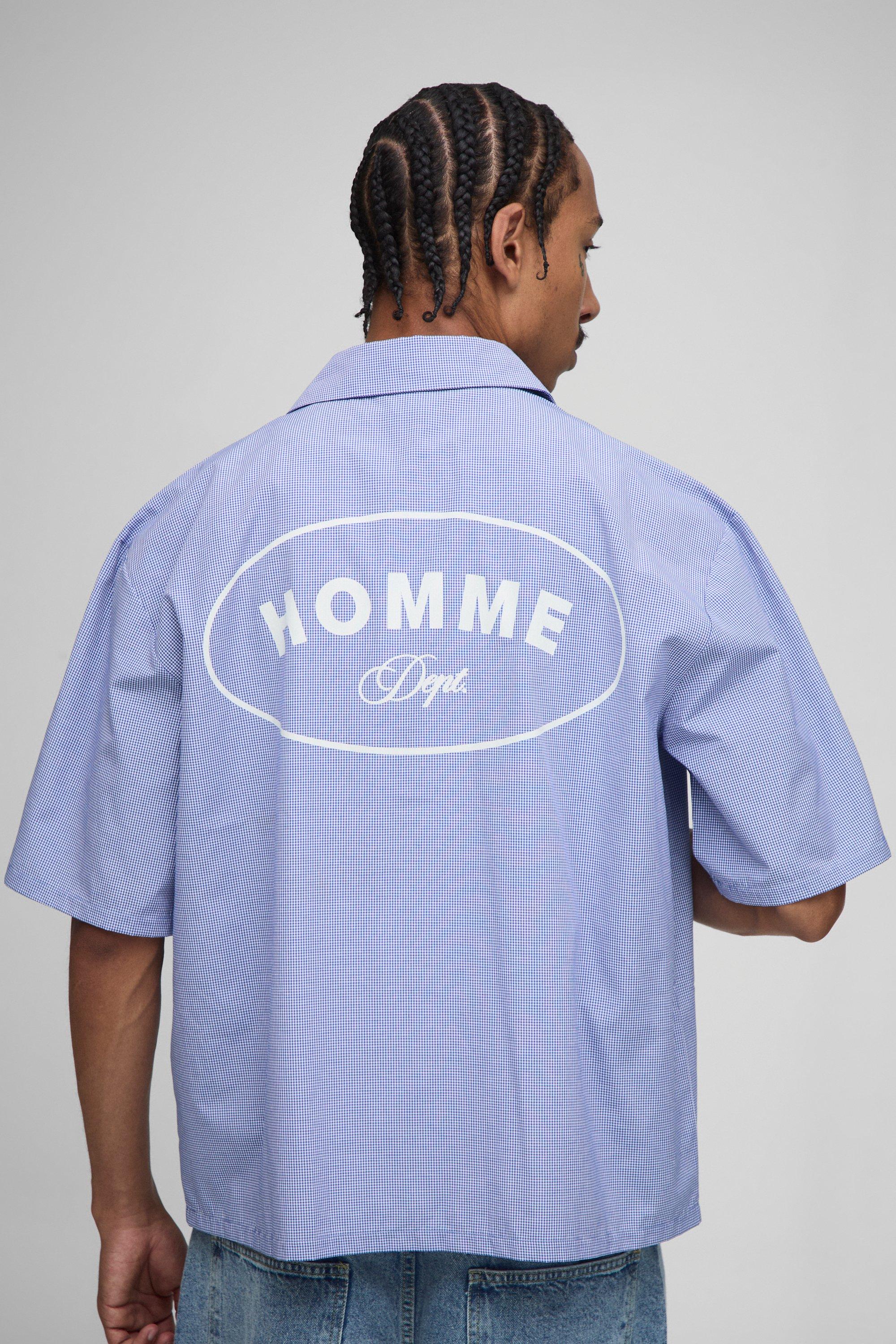 Image of Oversized Boxy Homme Print Micro Check Shirt, Azzurro