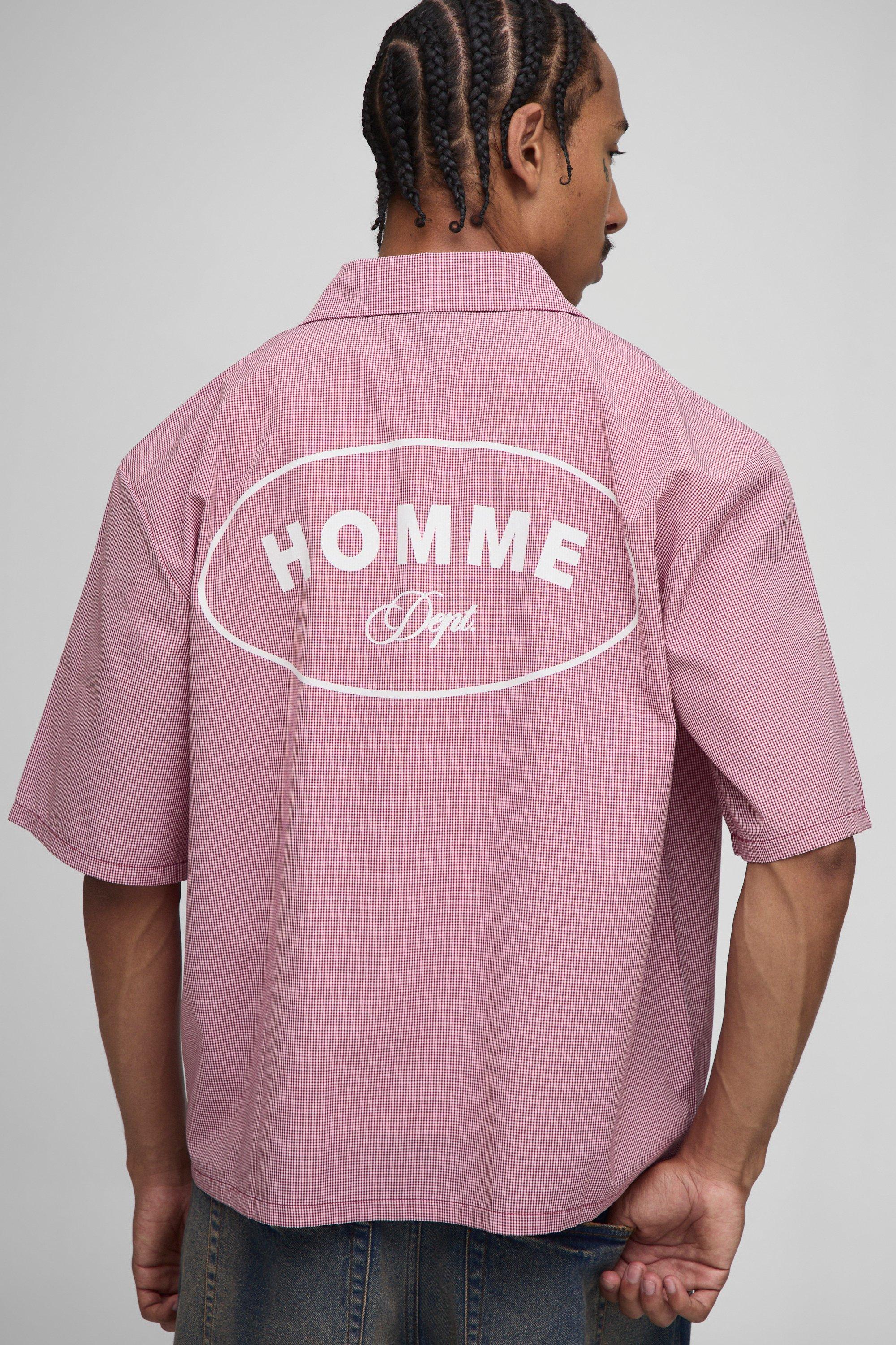 Image of Oversized Boxy Homme Print Micro Check Shirt, Rosso