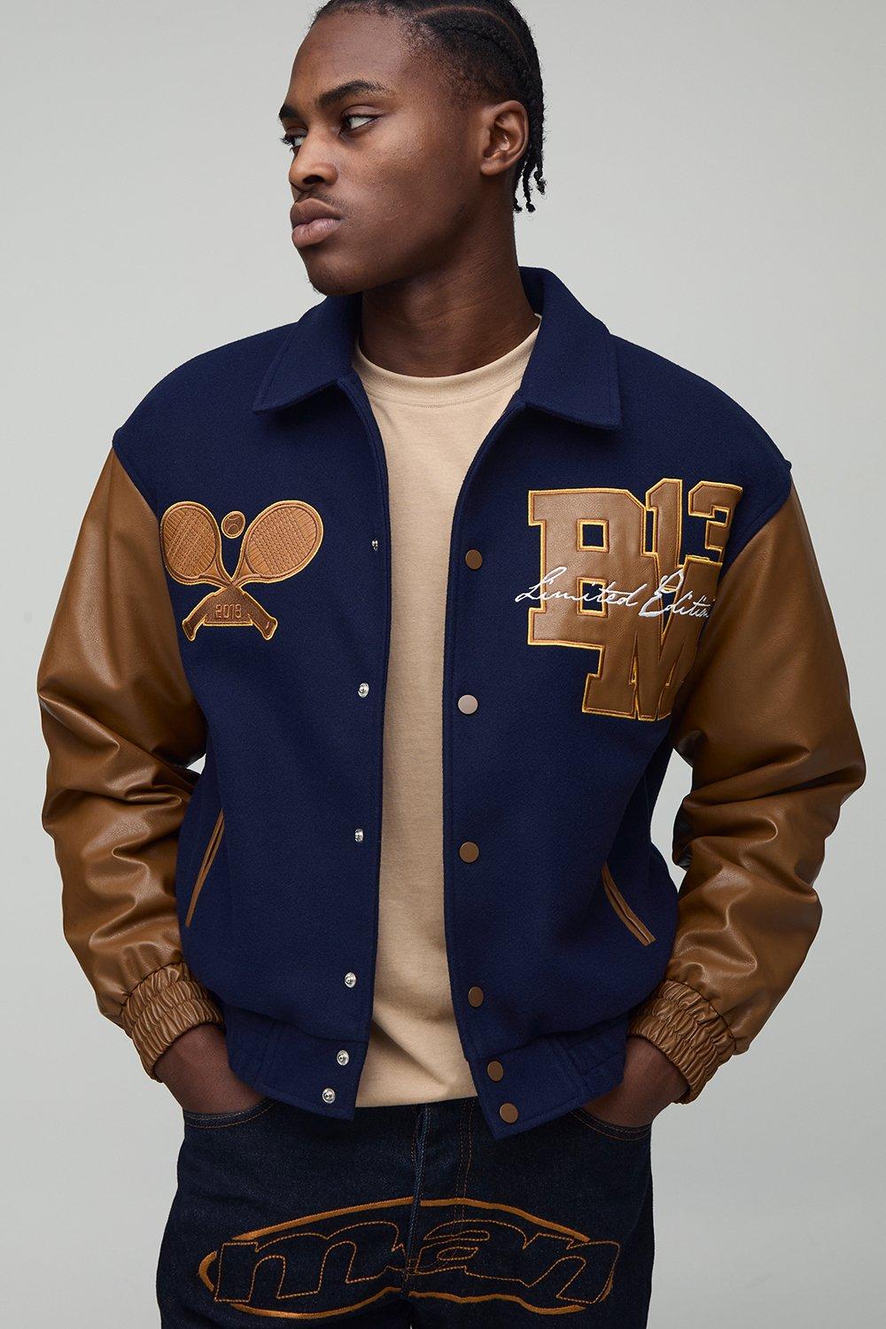 Image of Boxy OFCL MAN Tennis Applique Melton Varsity Bomber Jacket, Navy