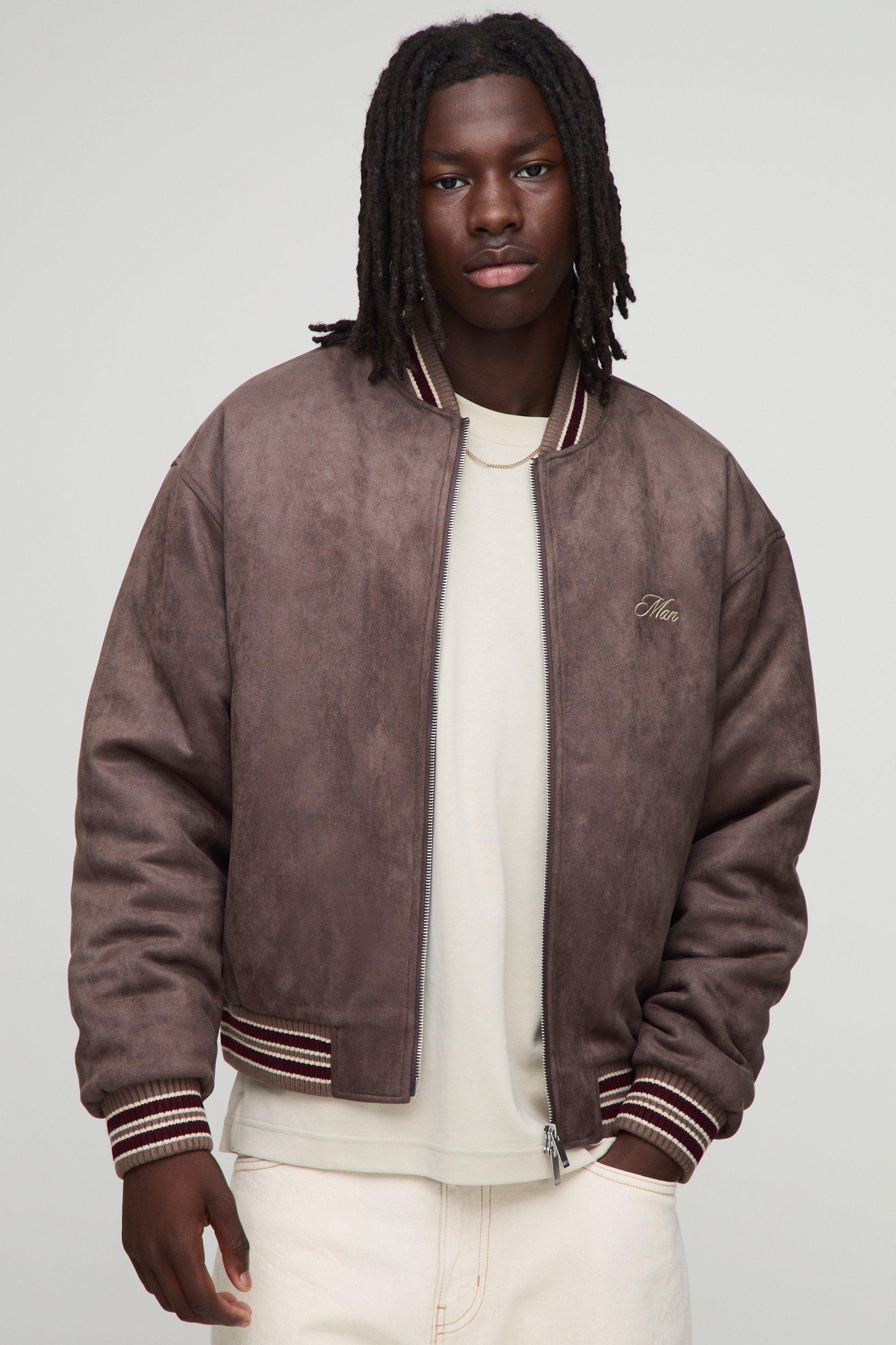Mens Brown Boxy Fit Suede Chunky Rib Embroidered Bomber Jacket, Brown