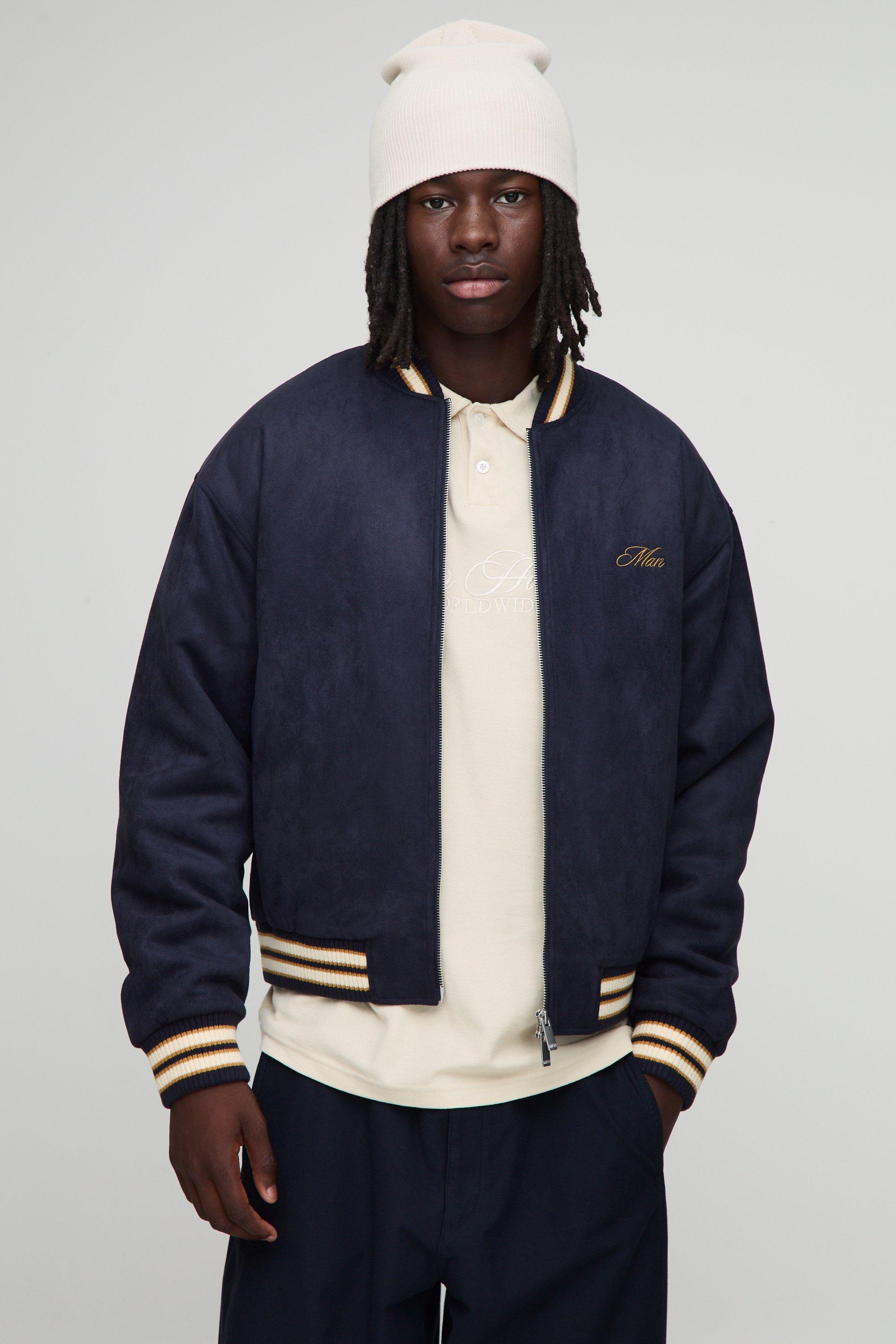 Image of Boxy Fit Faux Suede Chunky Rib Embroidered Bomber Jacket, Navy