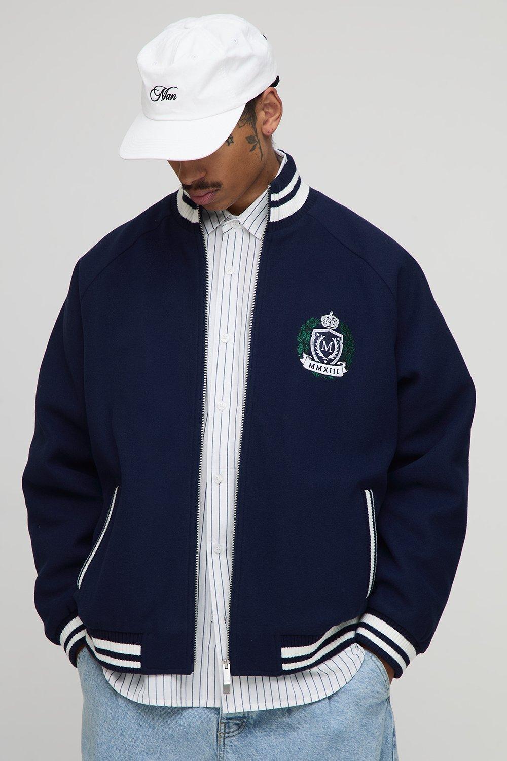 Oversized Fit Melton Funnel Neck Embroidered Crest Bomber Jacket