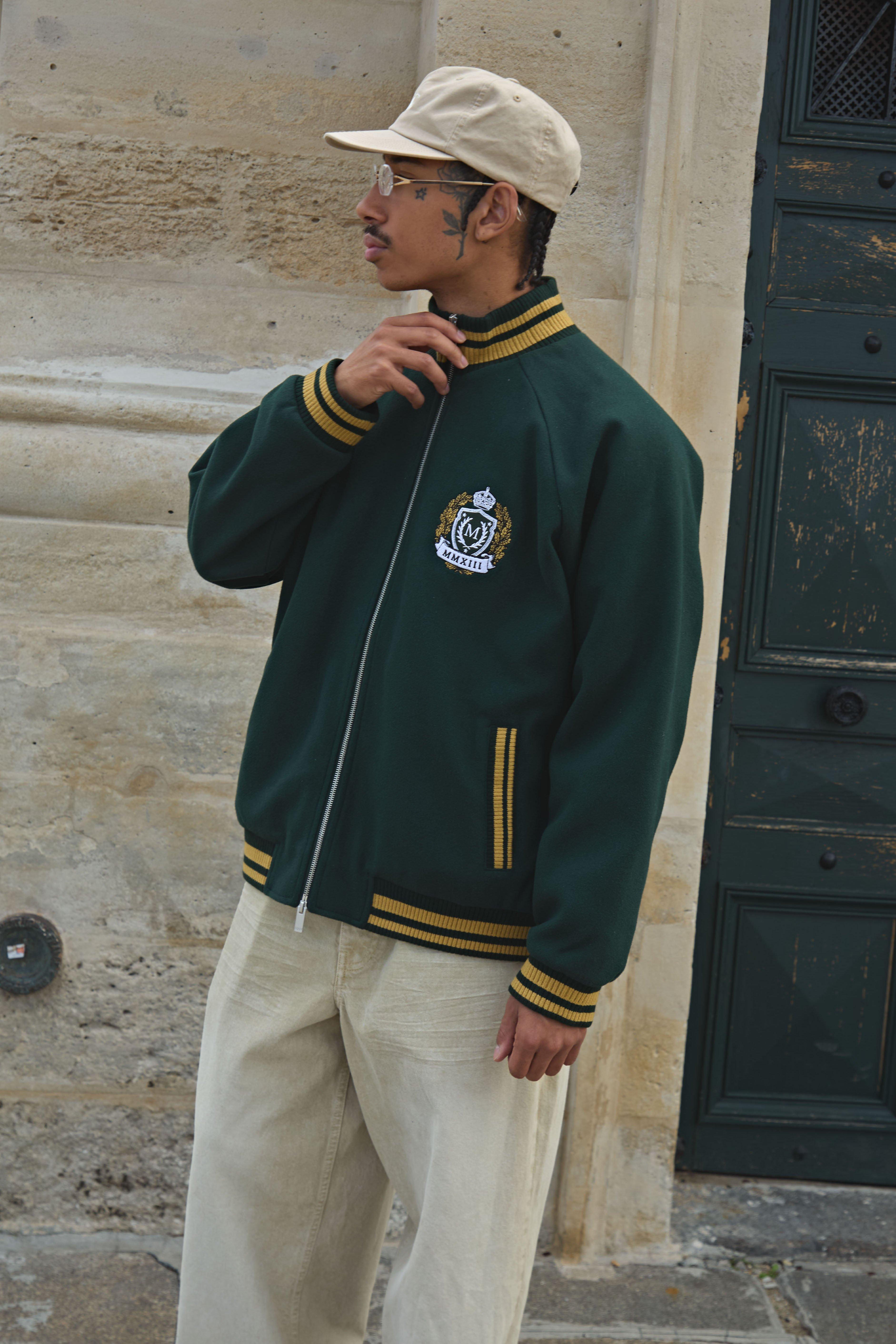 Oversized Fit Melton Funnel Neck Embroidered Crest Bomber Jacket