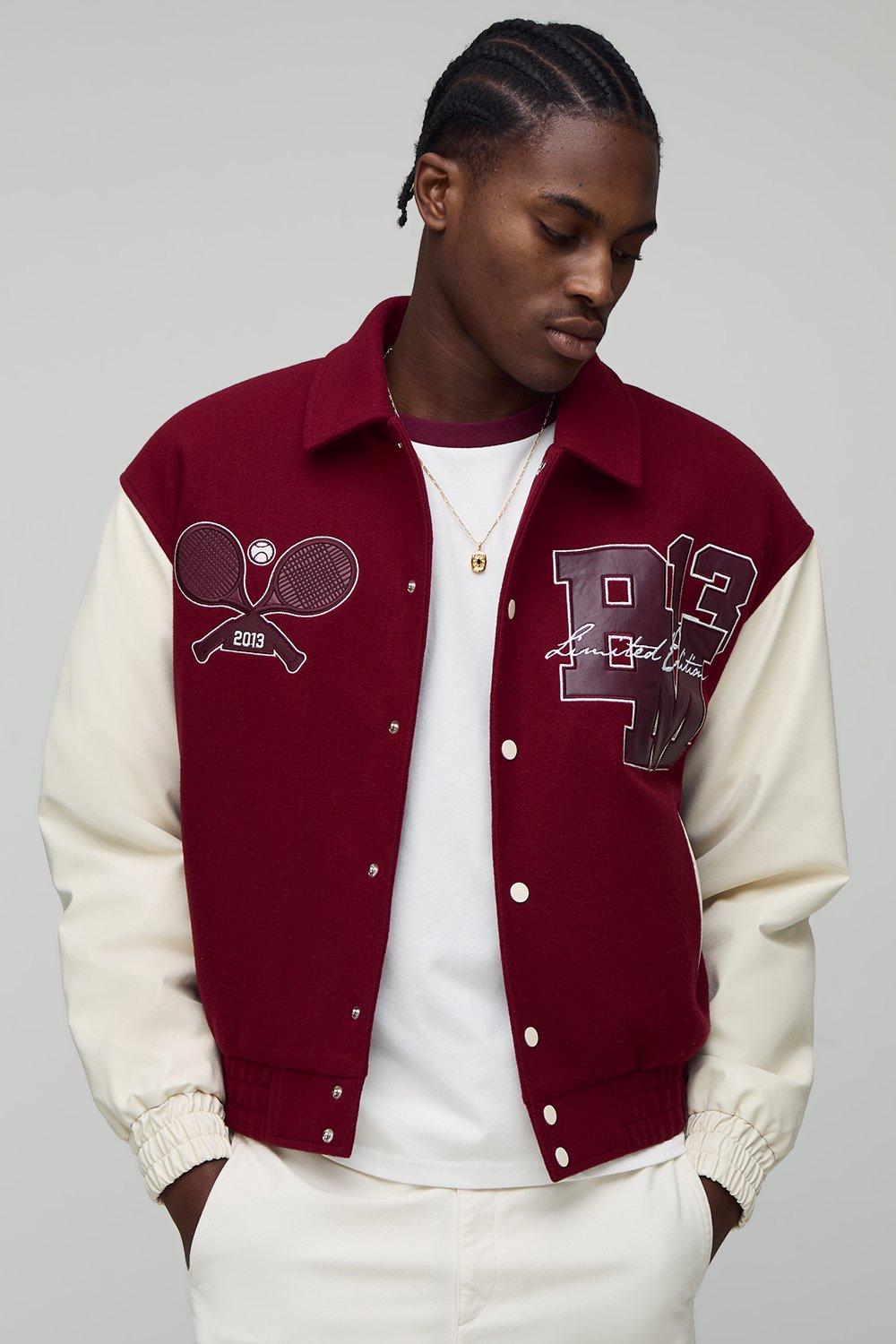 Image of Boxy OFCL MAN Tennis Applique Melton Varsity Bomber Jacket, Rosso
