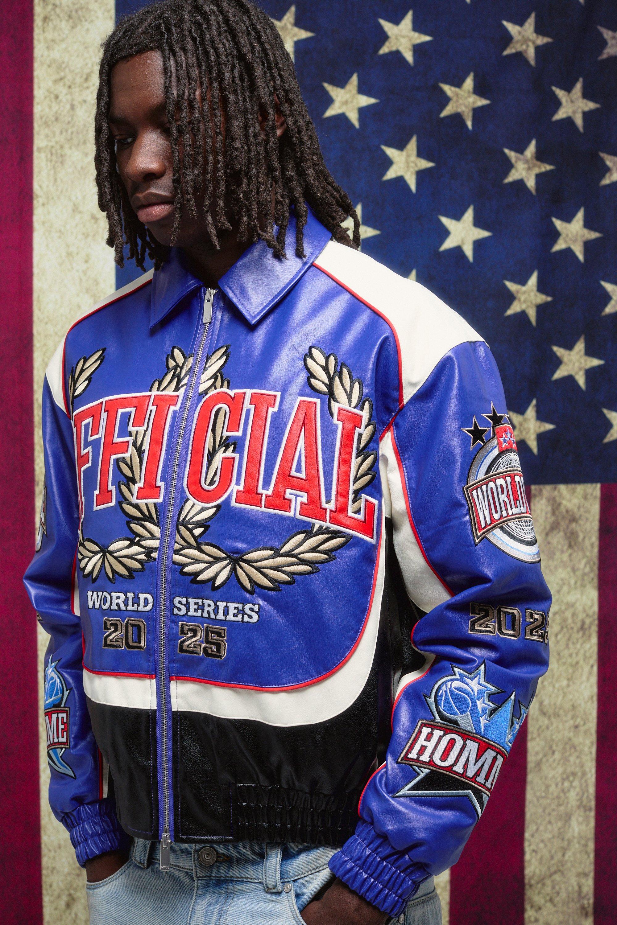 Image of Boxy Fit Homme Applique PU Collared Bomber Jacket, Azzurro