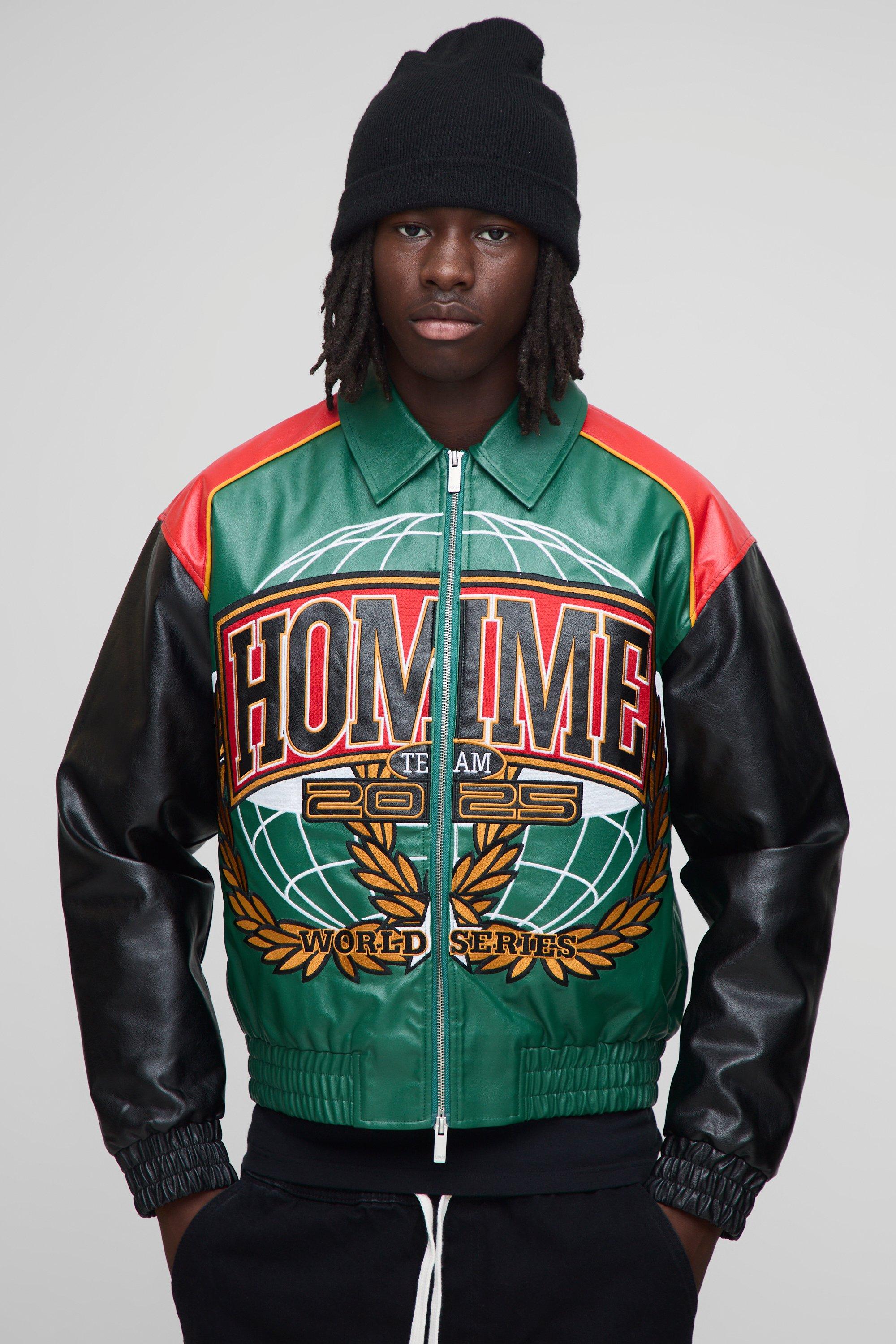 Image of Boxy Fit Homme Applique PU Collared Bomber Jacket, Verde