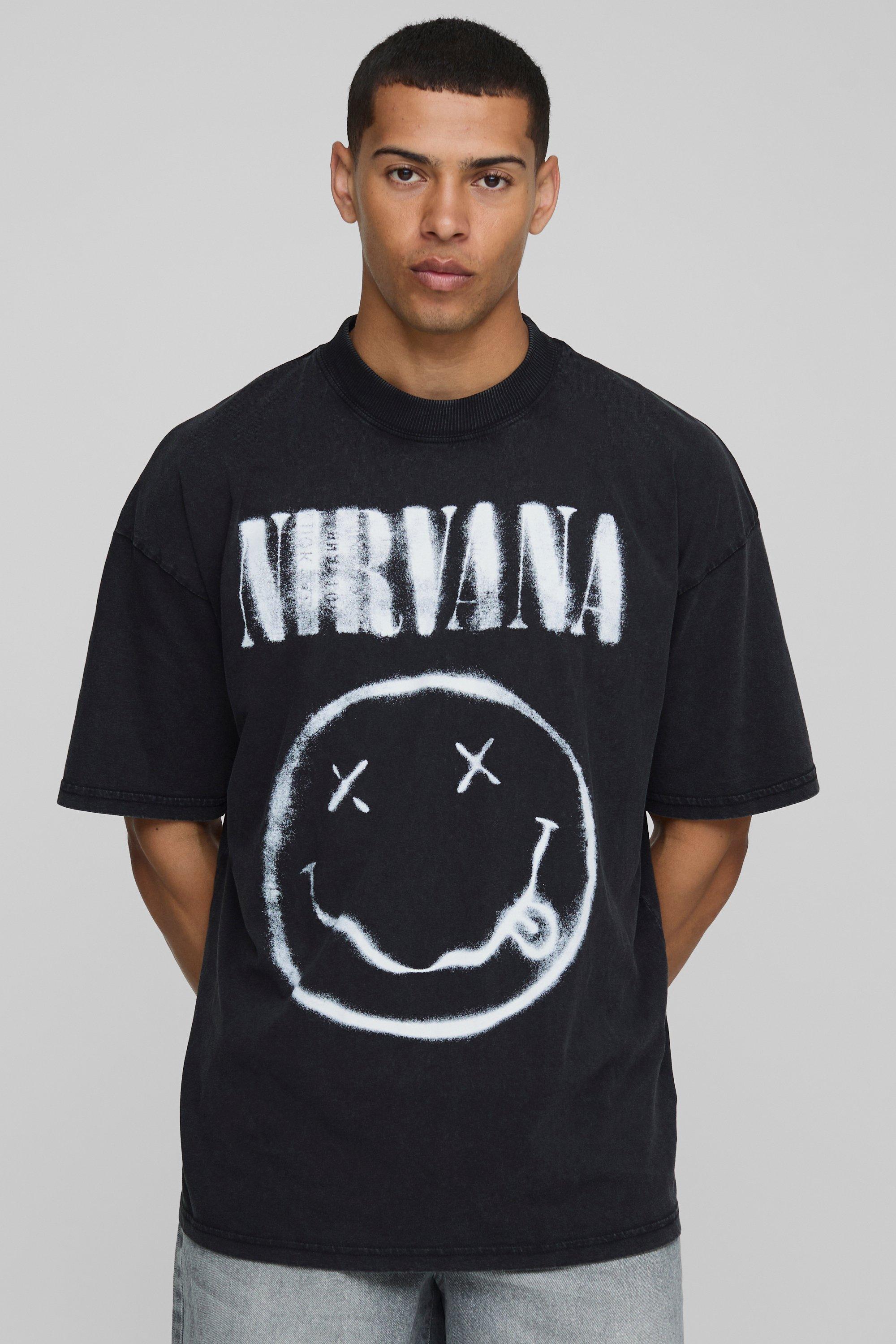 Mens Black Oversized Extended Neck Nirvana Acid Wash License Printed T-Shirt, Black