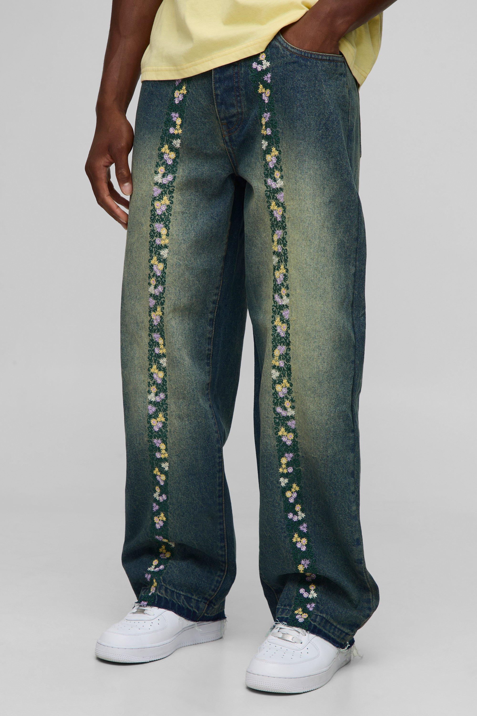 Relaxed Floral Embroidery Denim Jeans with Let Down Hem