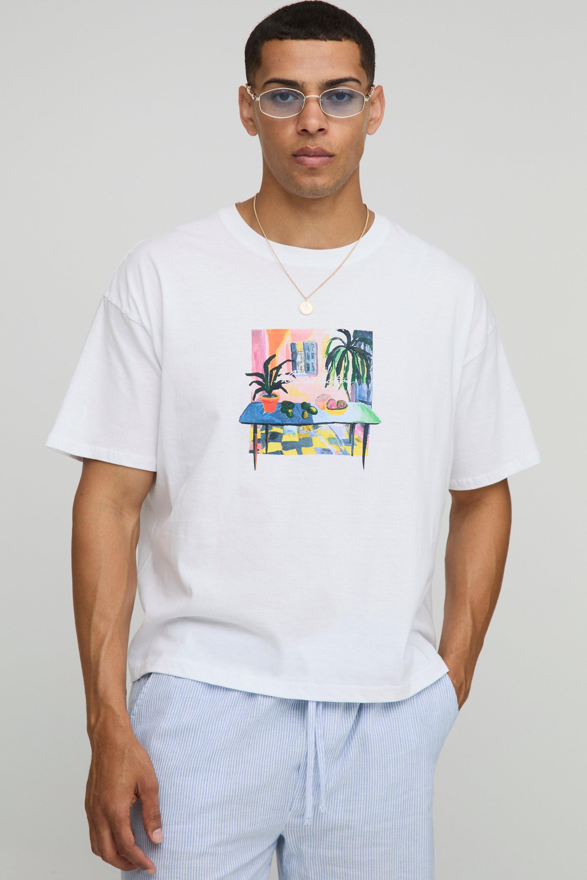 Mens White Oversized Boxy Front Graphic T-Shirt, White