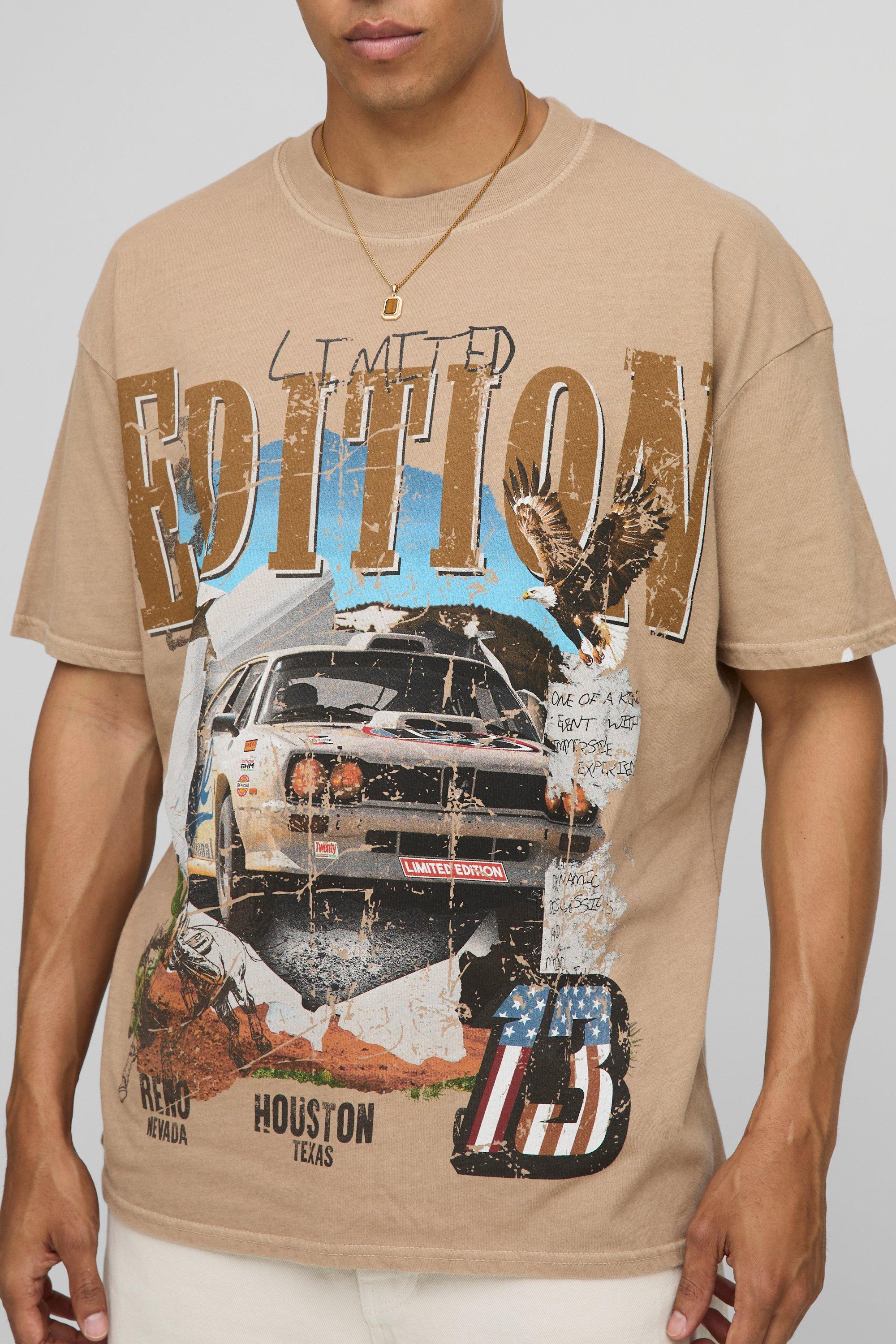 Image of T-shirt oversize color sabbia con grafica Western Edition e girocollo esteso, Beige