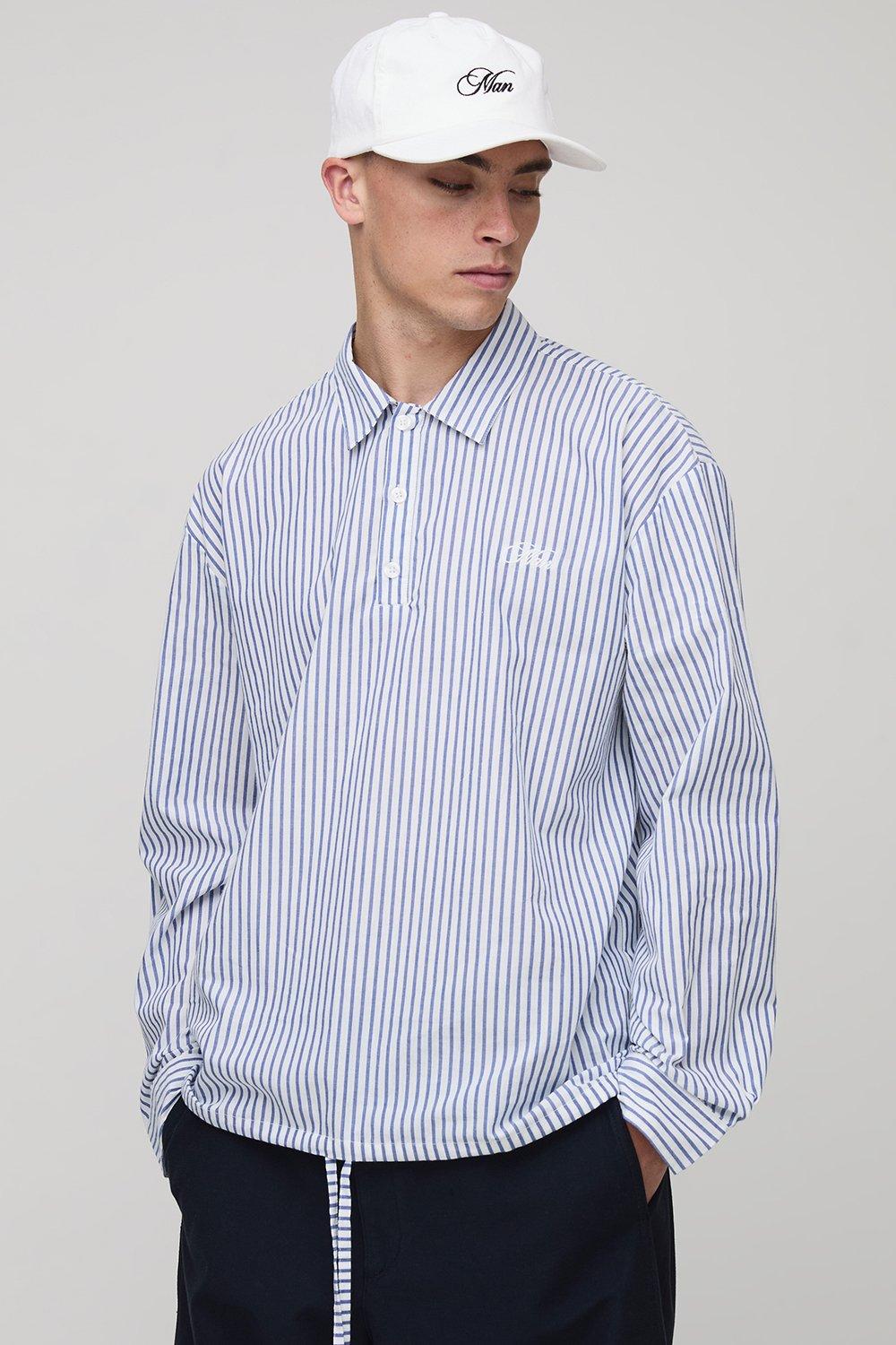 Image of Oversized Long Sleeve Stripe Embroidered Bungee Rugby Shirt, Bianco