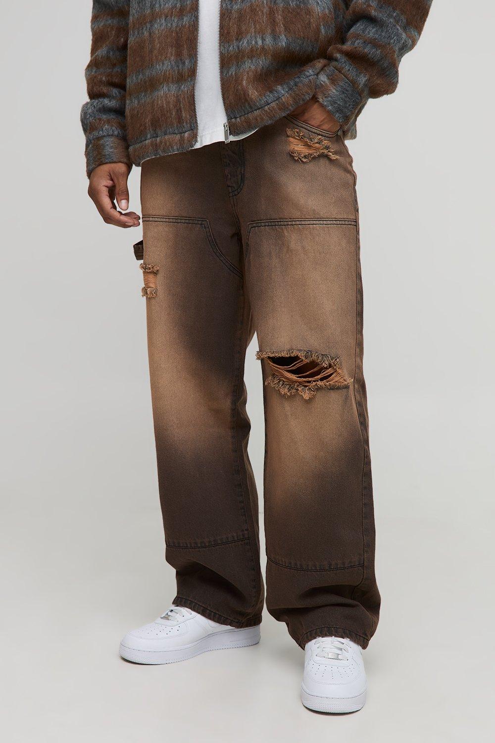 Image of Relaxed Fit Acid Wash Ripped Carpenter Jeans, Brown