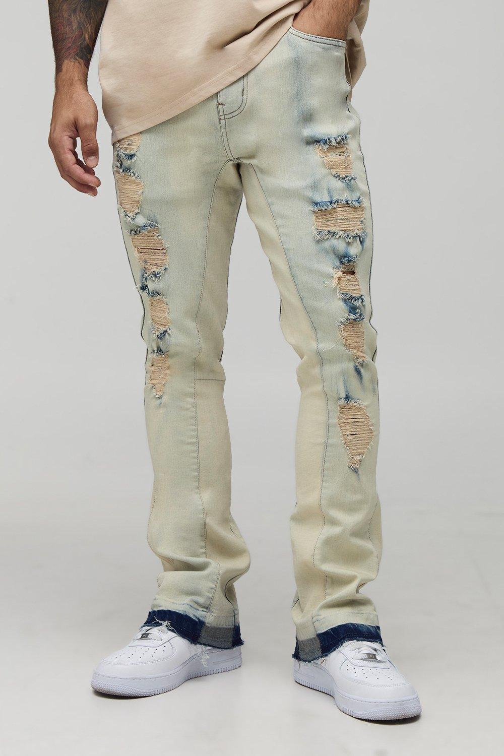 Image of Skinny Stretch Flared Washed Ripped Gusset Jeans, Grigio